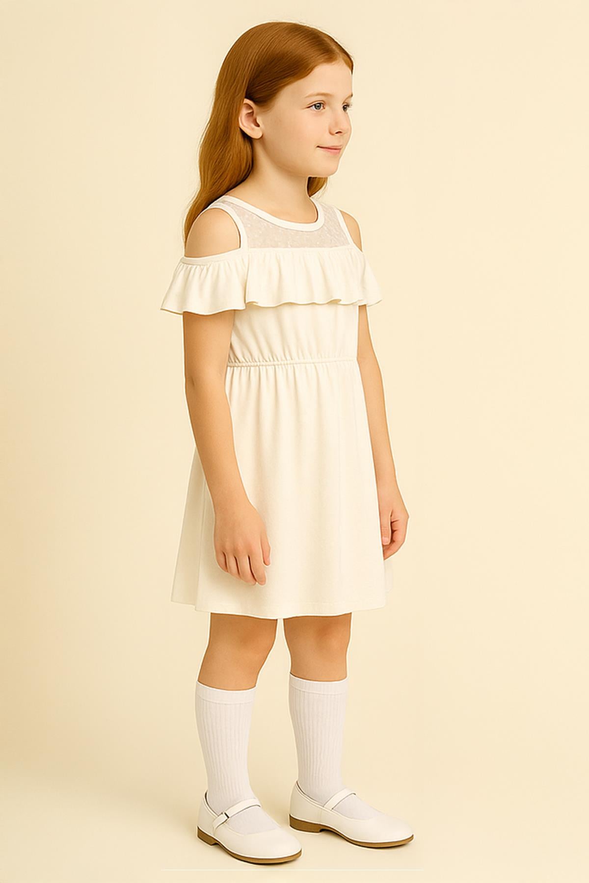 Kız Çocuk Fırfırlı Dantel Detaylı Pamuklu Ekru Elbise
