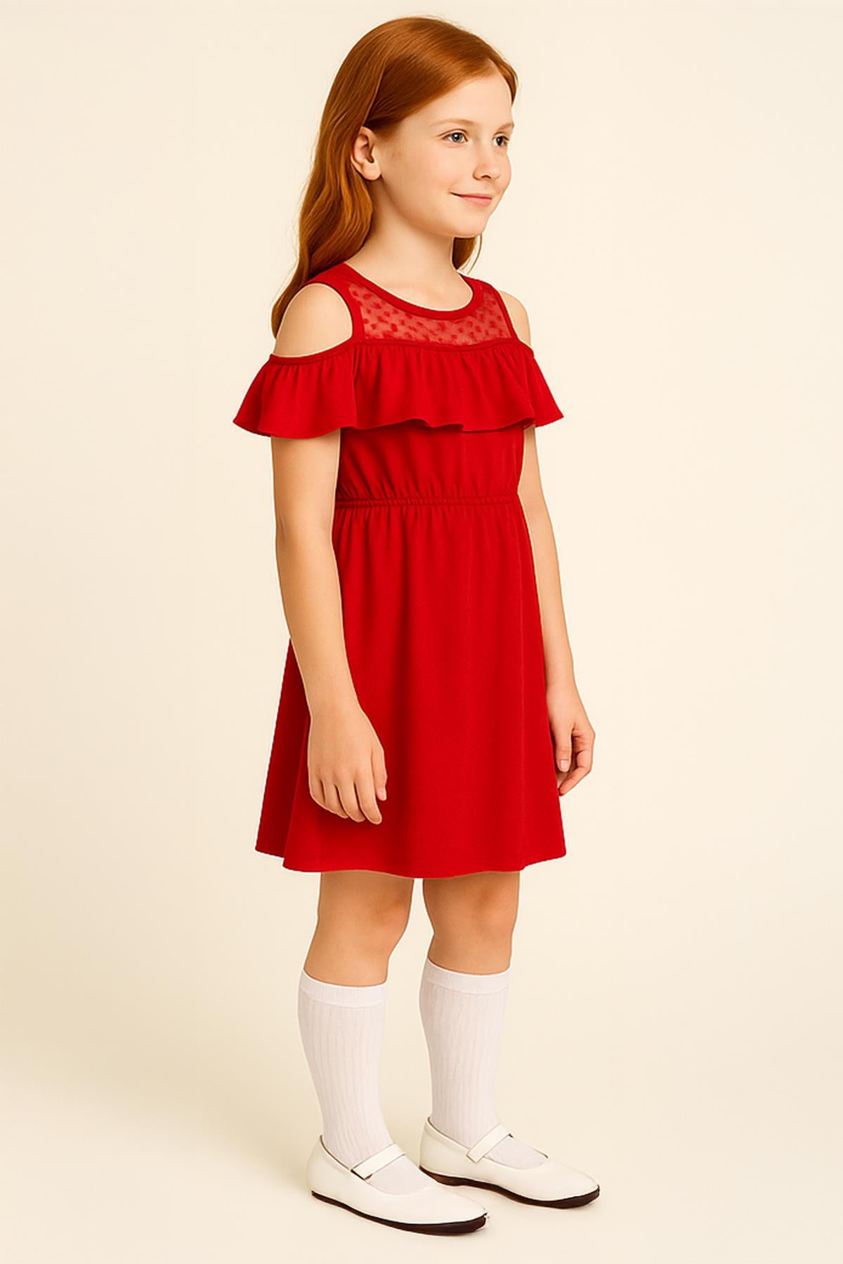 Kız Çocuk Fırfırlı Dantel Detaylı Pamuklu Kırmızı Elbise