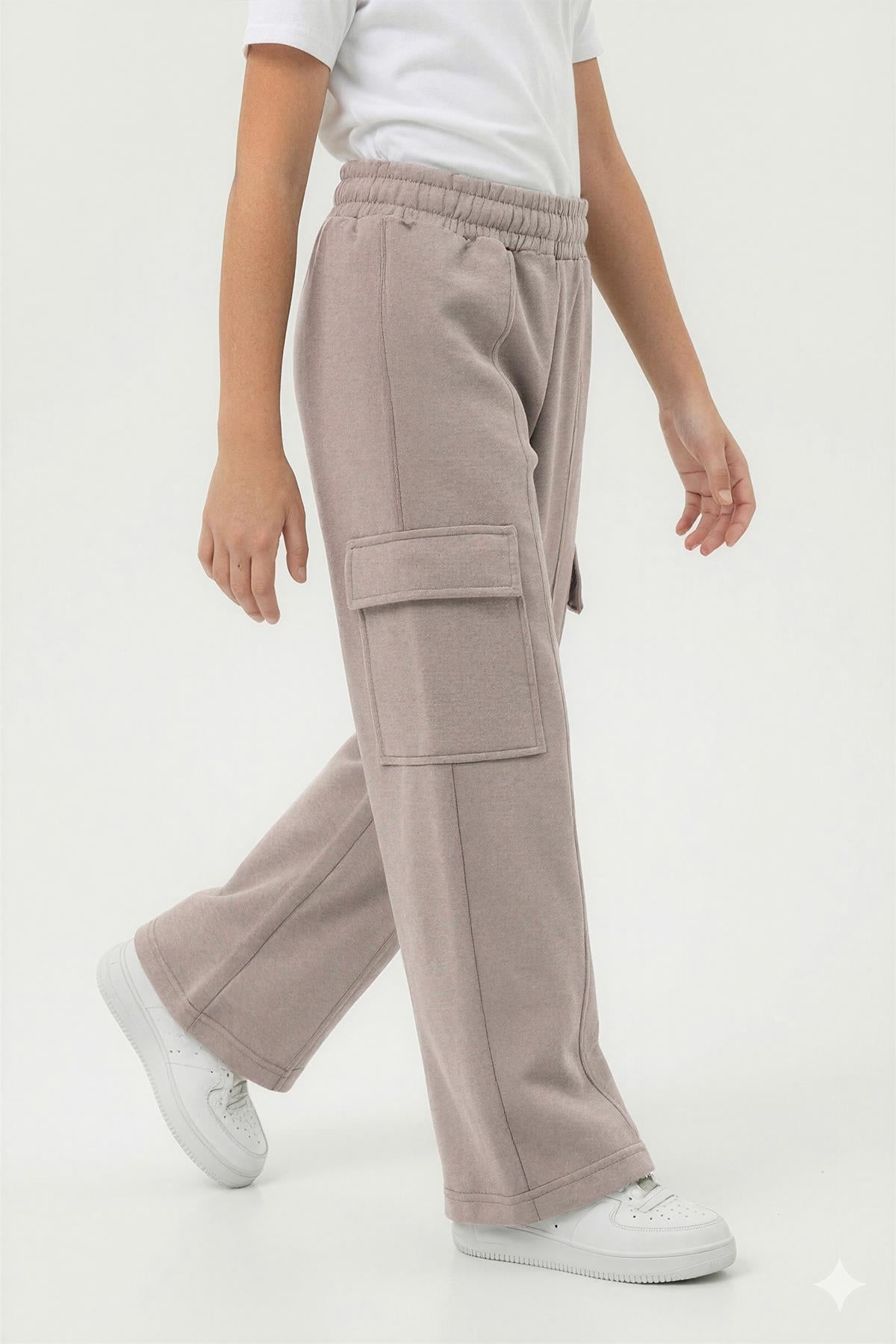 Kız Çocuk Geniş Paça Kargo Cepli Jogger Eşofman Altı
