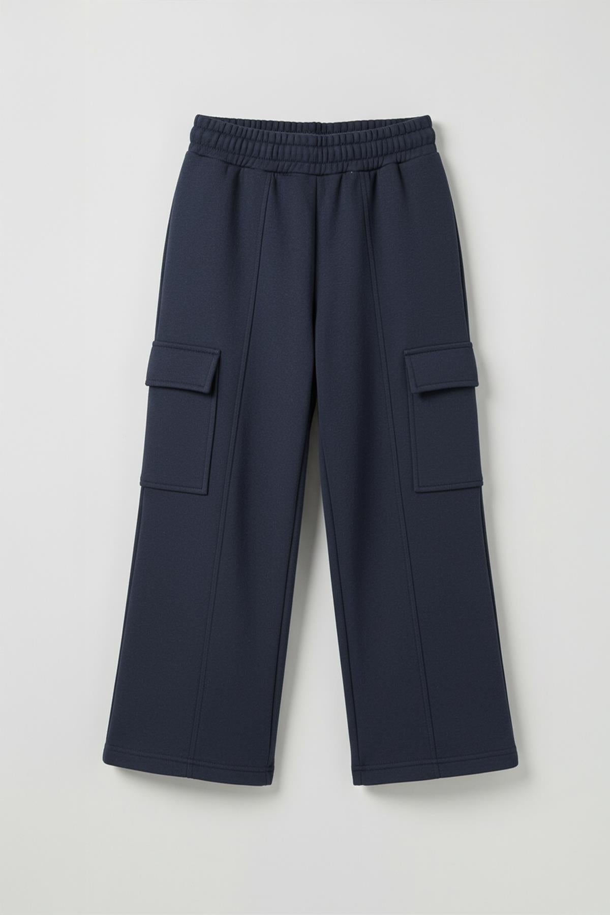 Kız Çocuk Geniş Paça Kargo Cepli Jogger Eşofman Altı – Lacivert