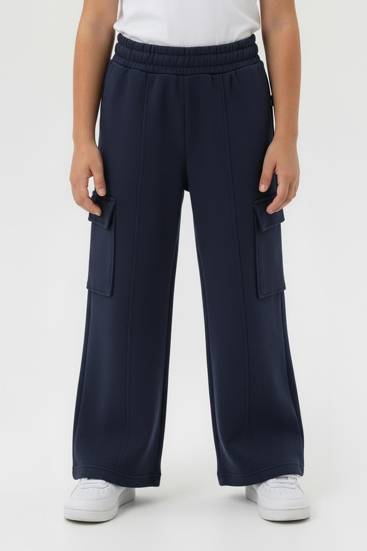 Kız Çocuk Geniş Paça Kargo Cepli Jogger Eşofman Altı – Lacivert
