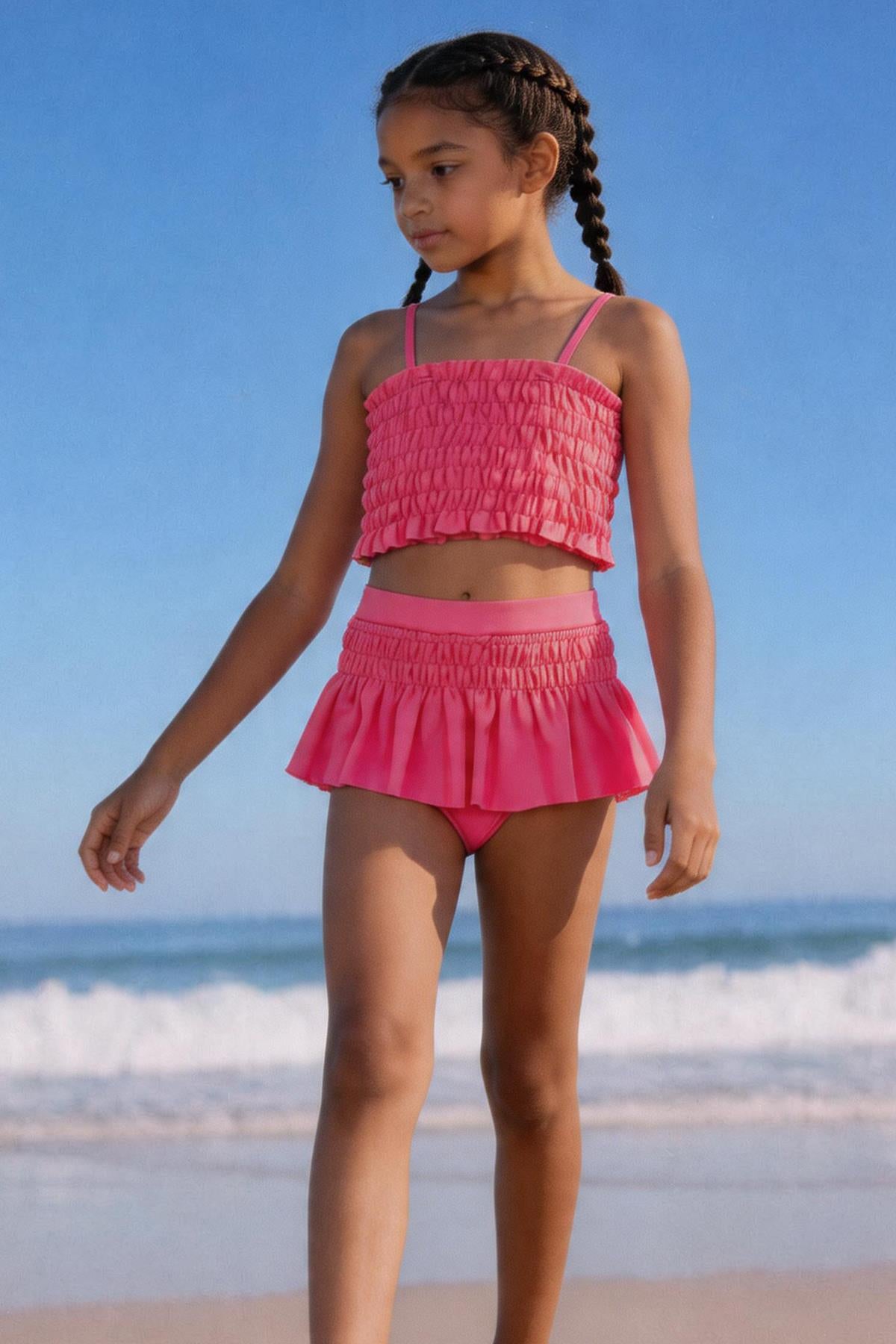 Kız Çocuk Gipe Detaylı Etekli Bikini Takım