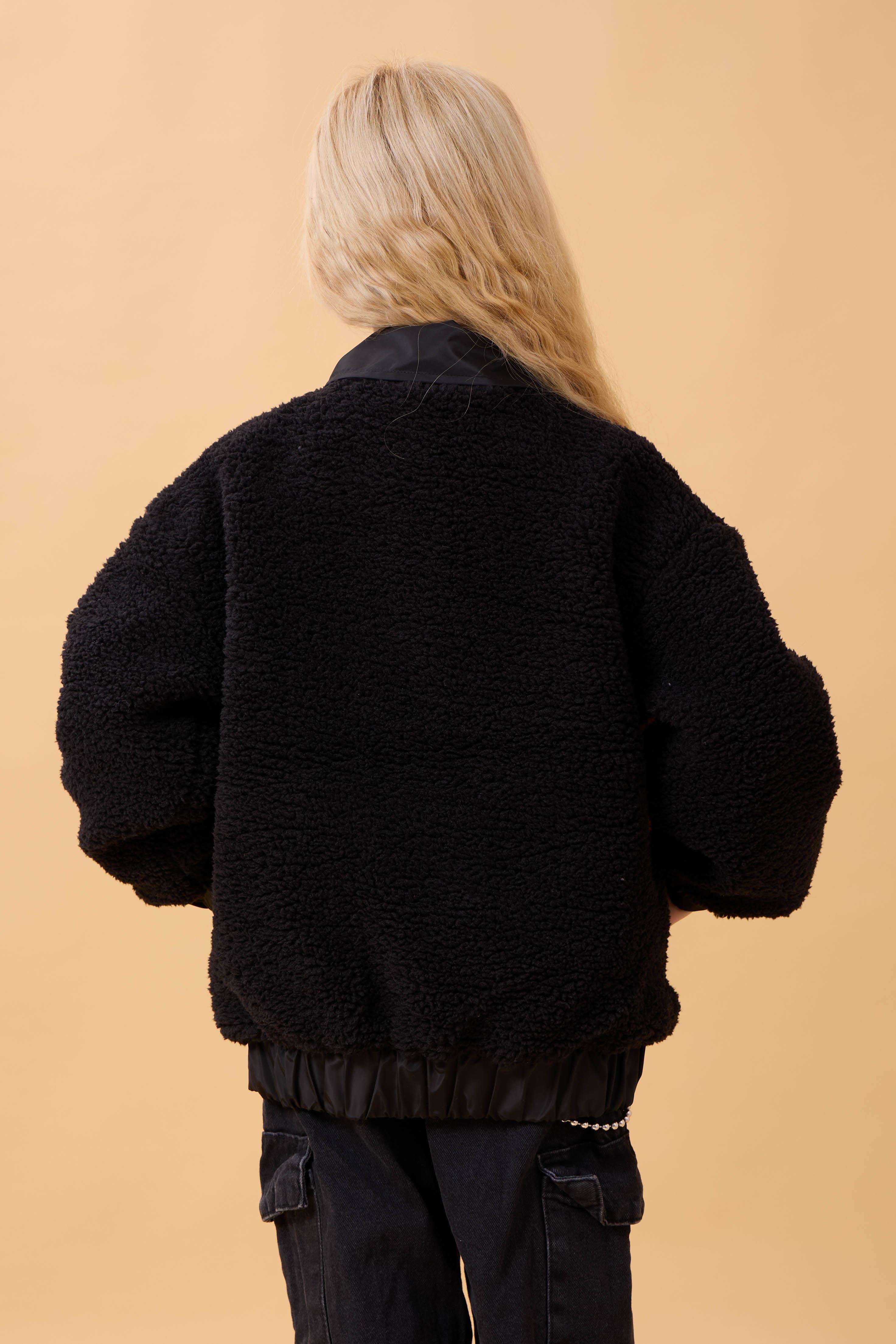 Kız Çocuk Gömlek Yaka Cepli Peluş Kışlık Mont