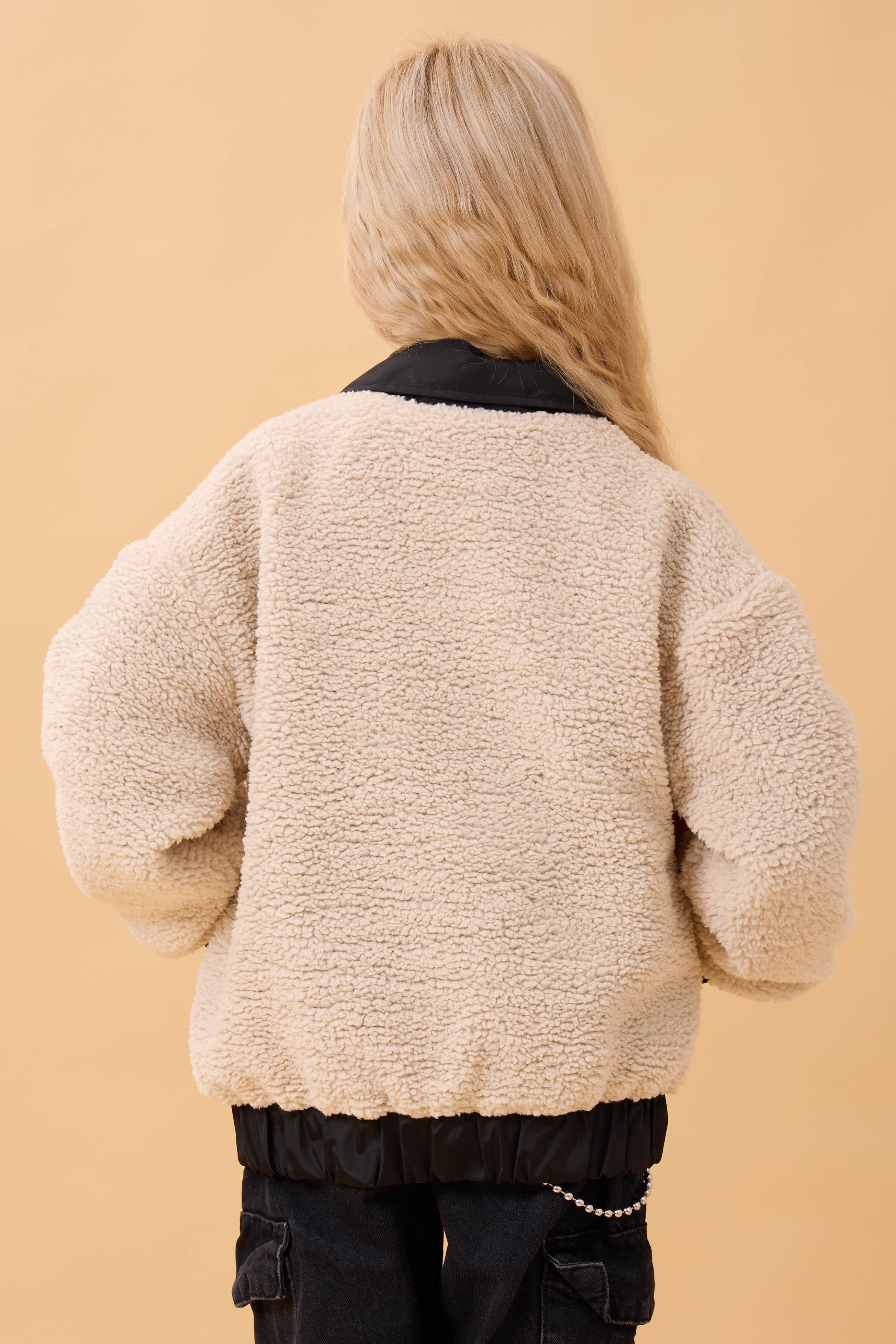 Kız Çocuk Gömlek Yaka Cepli Peluş Kışlık Mont