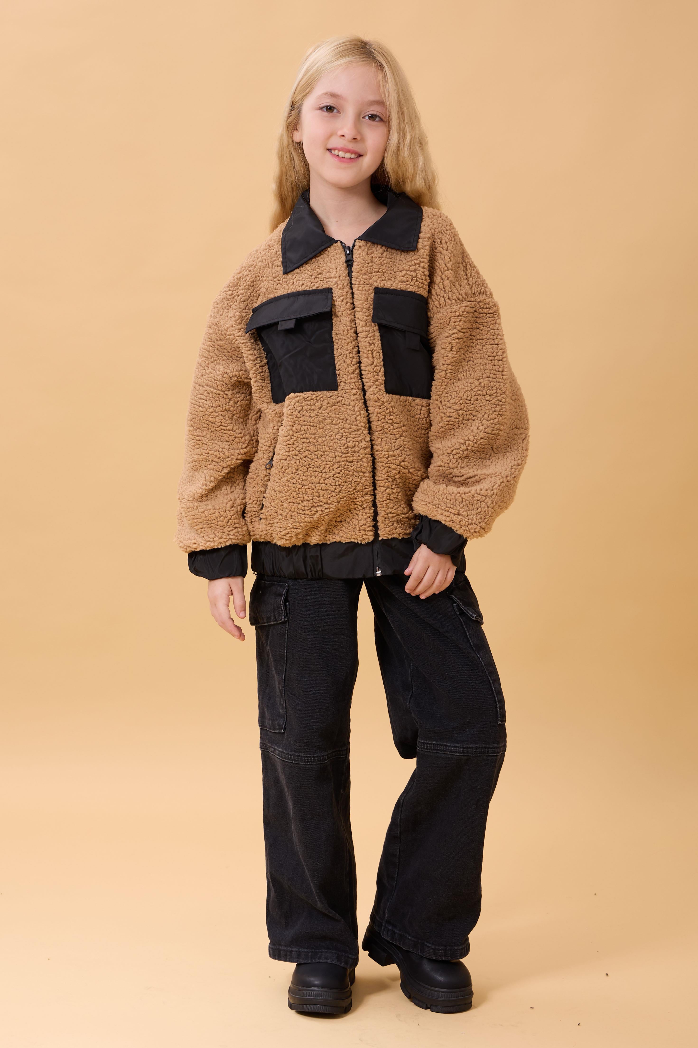 Kız Çocuk Gömlek Yaka Cepli Peluş Kışlık Mont