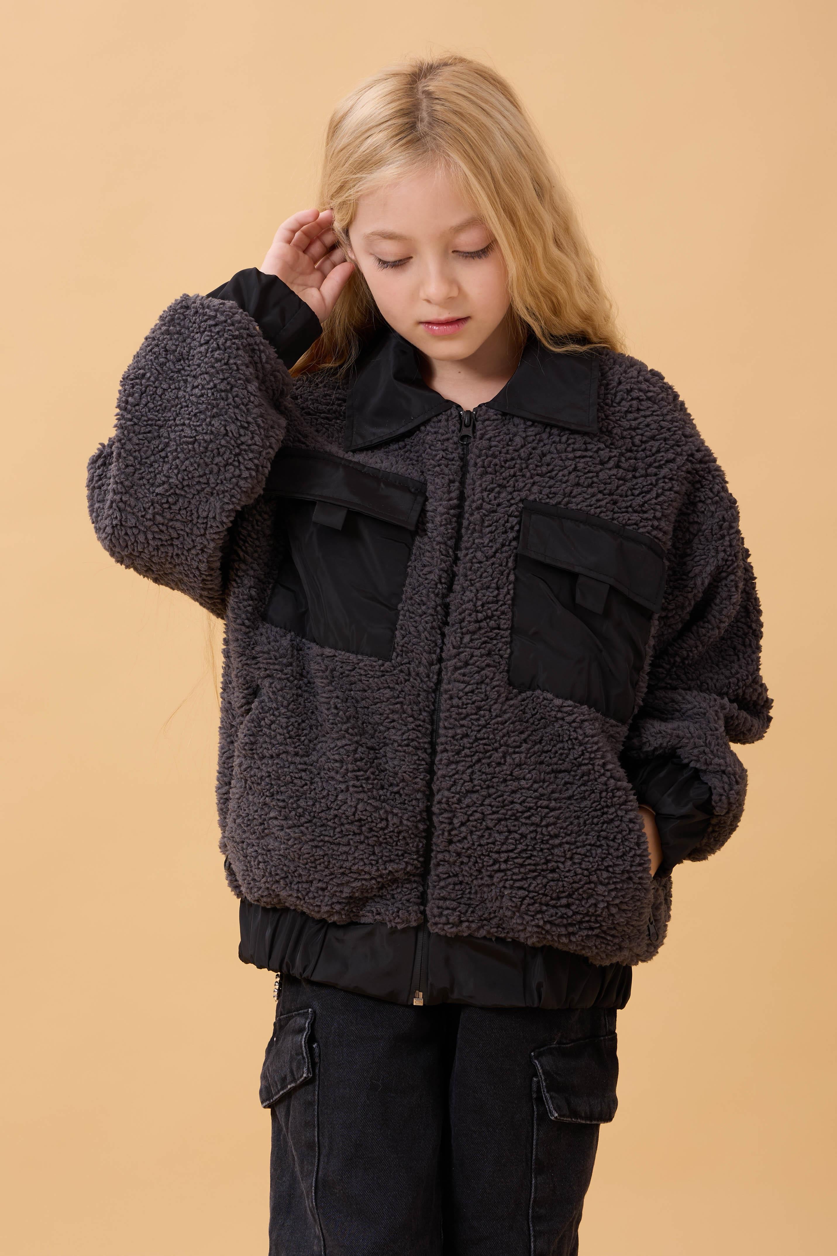 Kız Çocuk Gömlek Yaka Cepli Peluş Kışlık Mont Antrasit