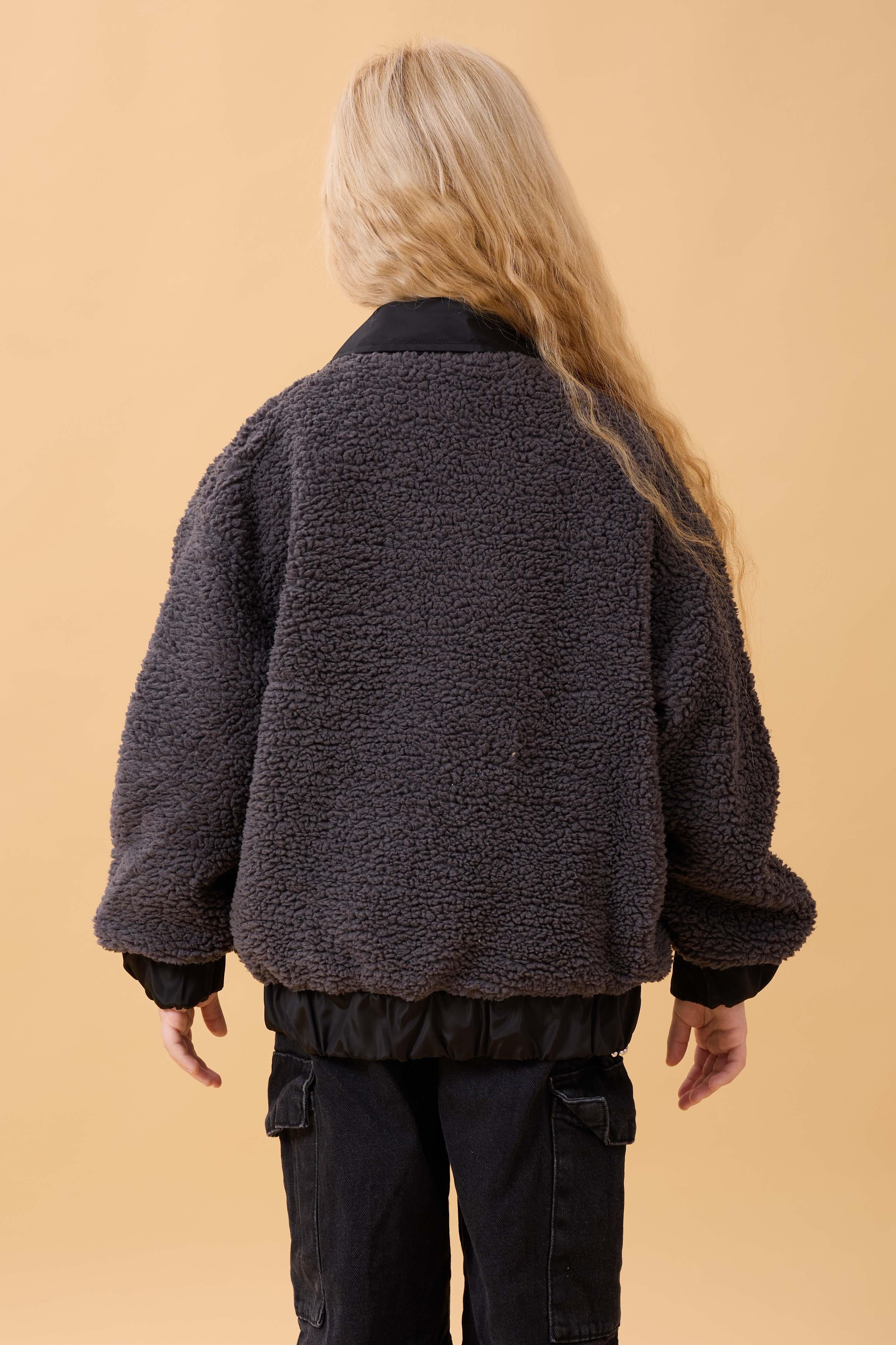 Kız Çocuk Gömlek Yaka Cepli Peluş Kışlık Mont Antrasit