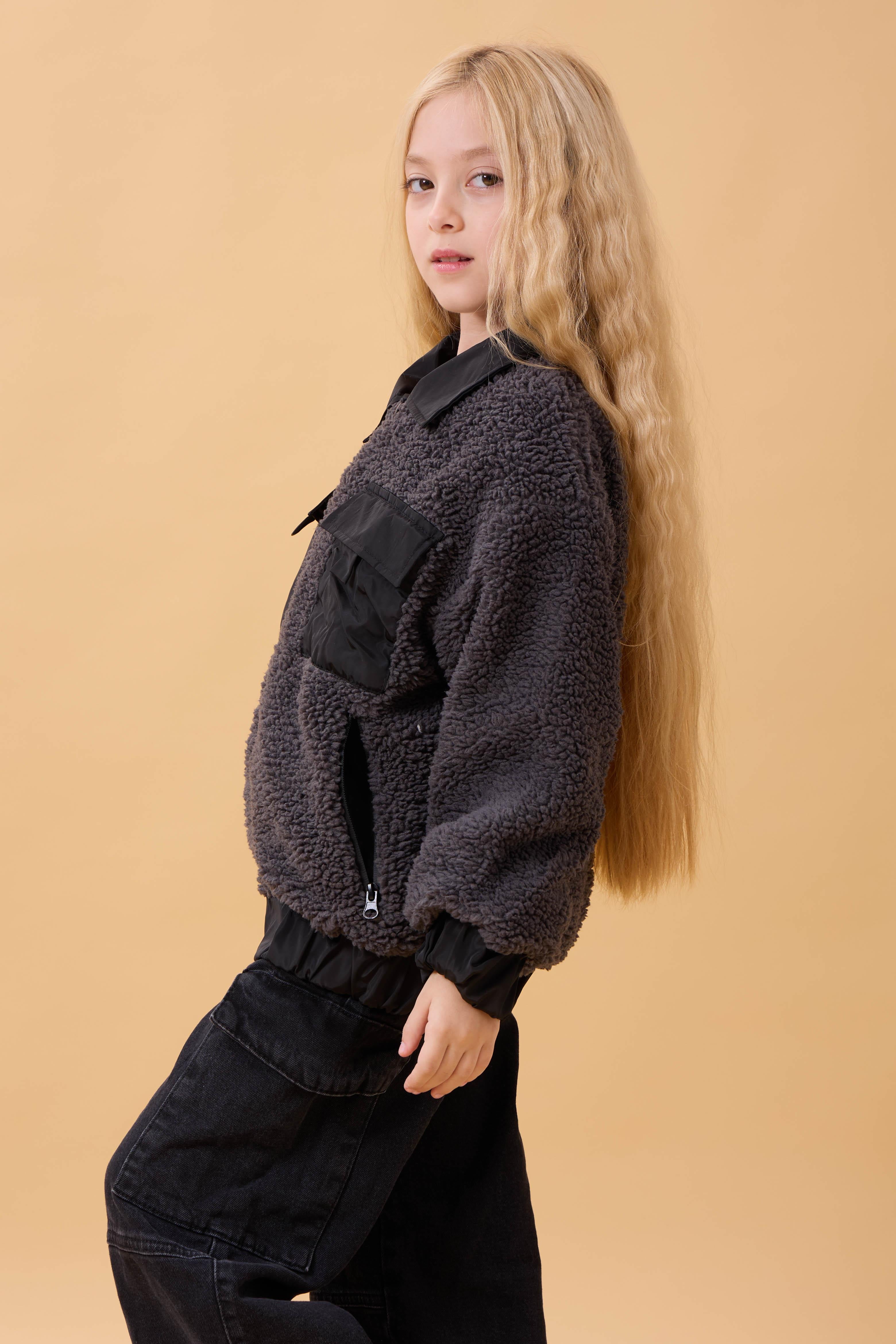Kız Çocuk Gömlek Yaka Cepli Peluş Kışlık Mont Antrasit
