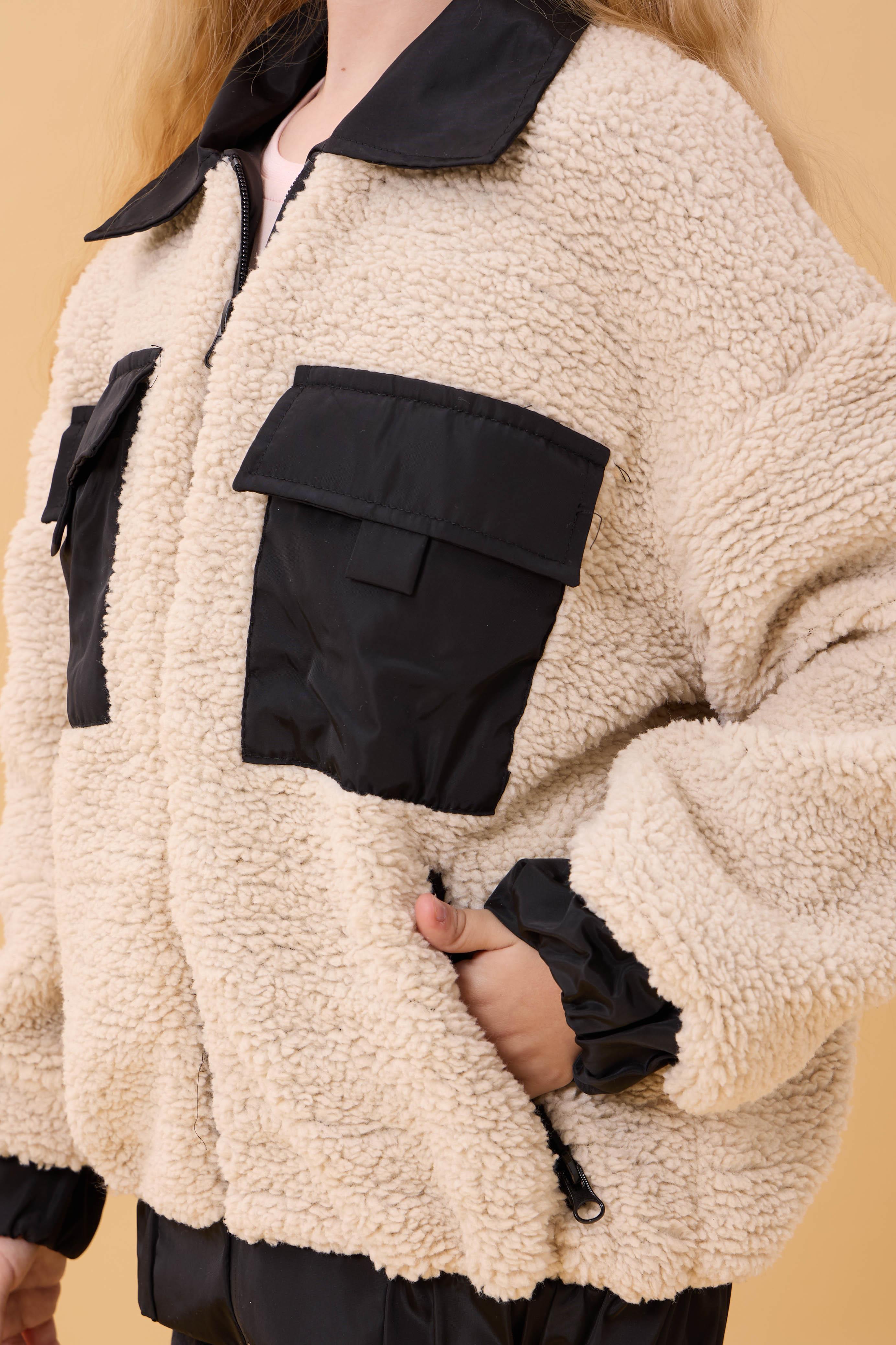 Kız Çocuk Gömlek Yaka Cepli Peluş Kışlık Mont Bej