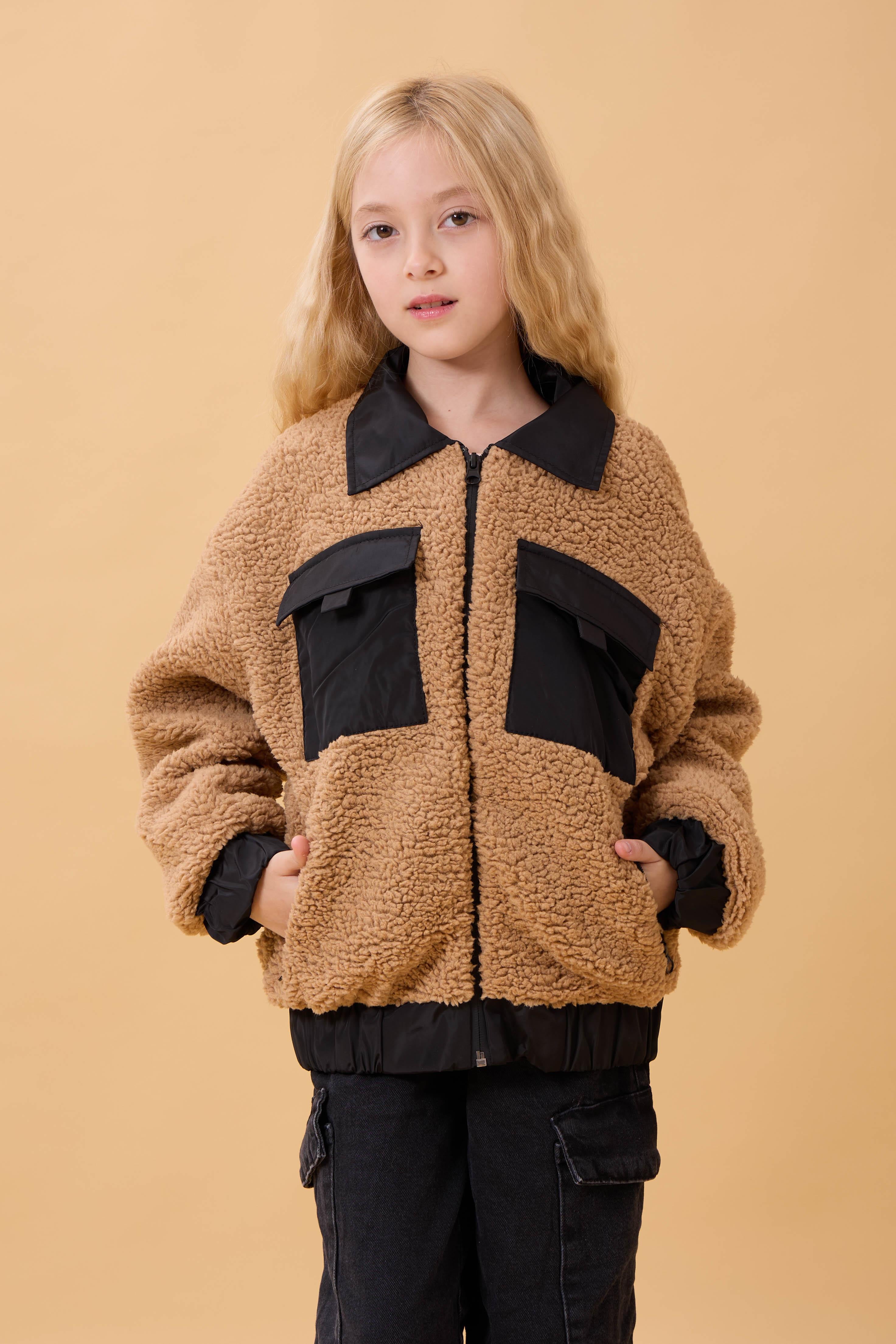 Kız Çocuk Gömlek Yaka Cepli Peluş Kışlık Mont Kahverengi