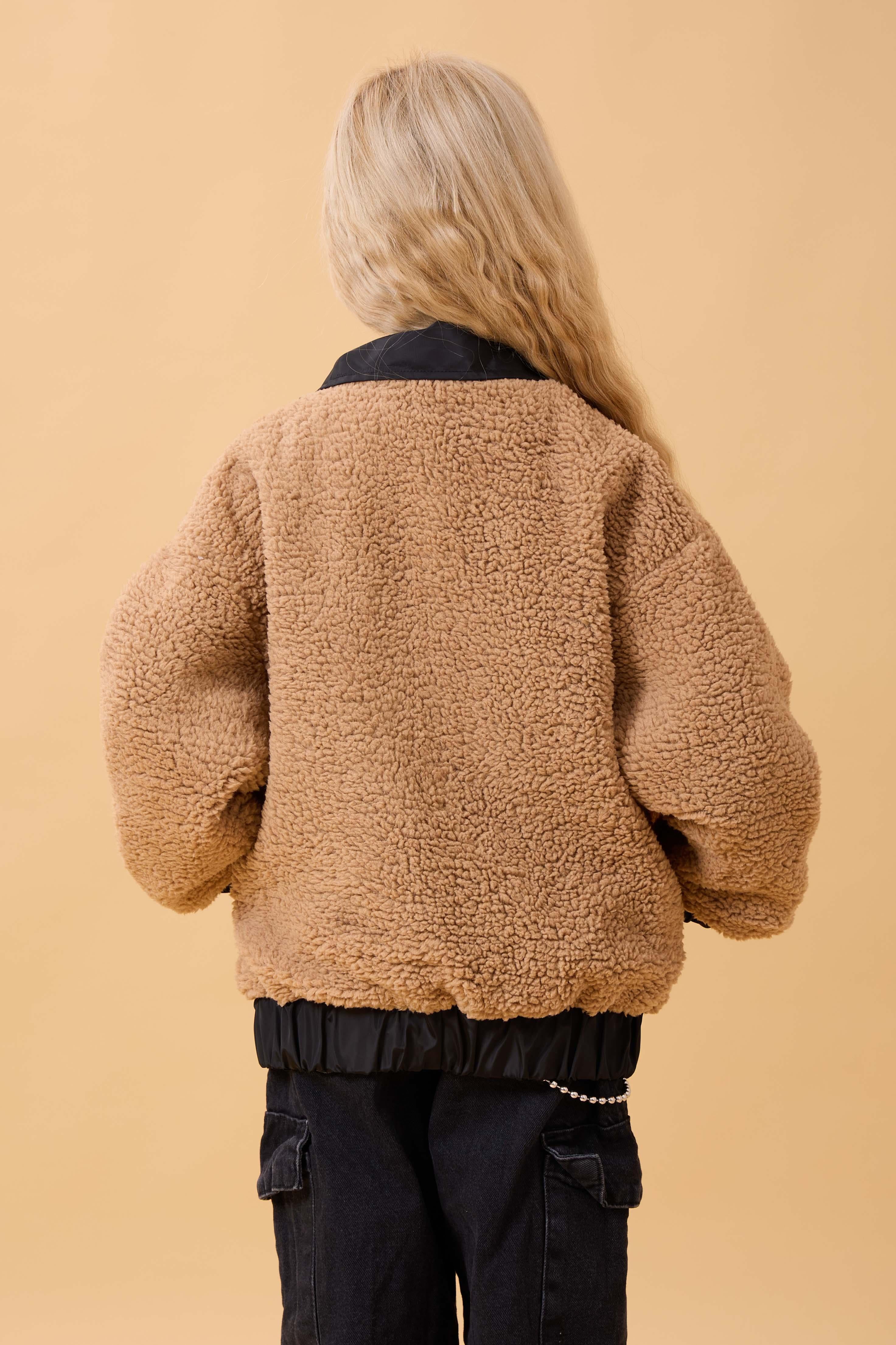 Kız Çocuk Gömlek Yaka Cepli Peluş Kışlık Mont Kahverengi