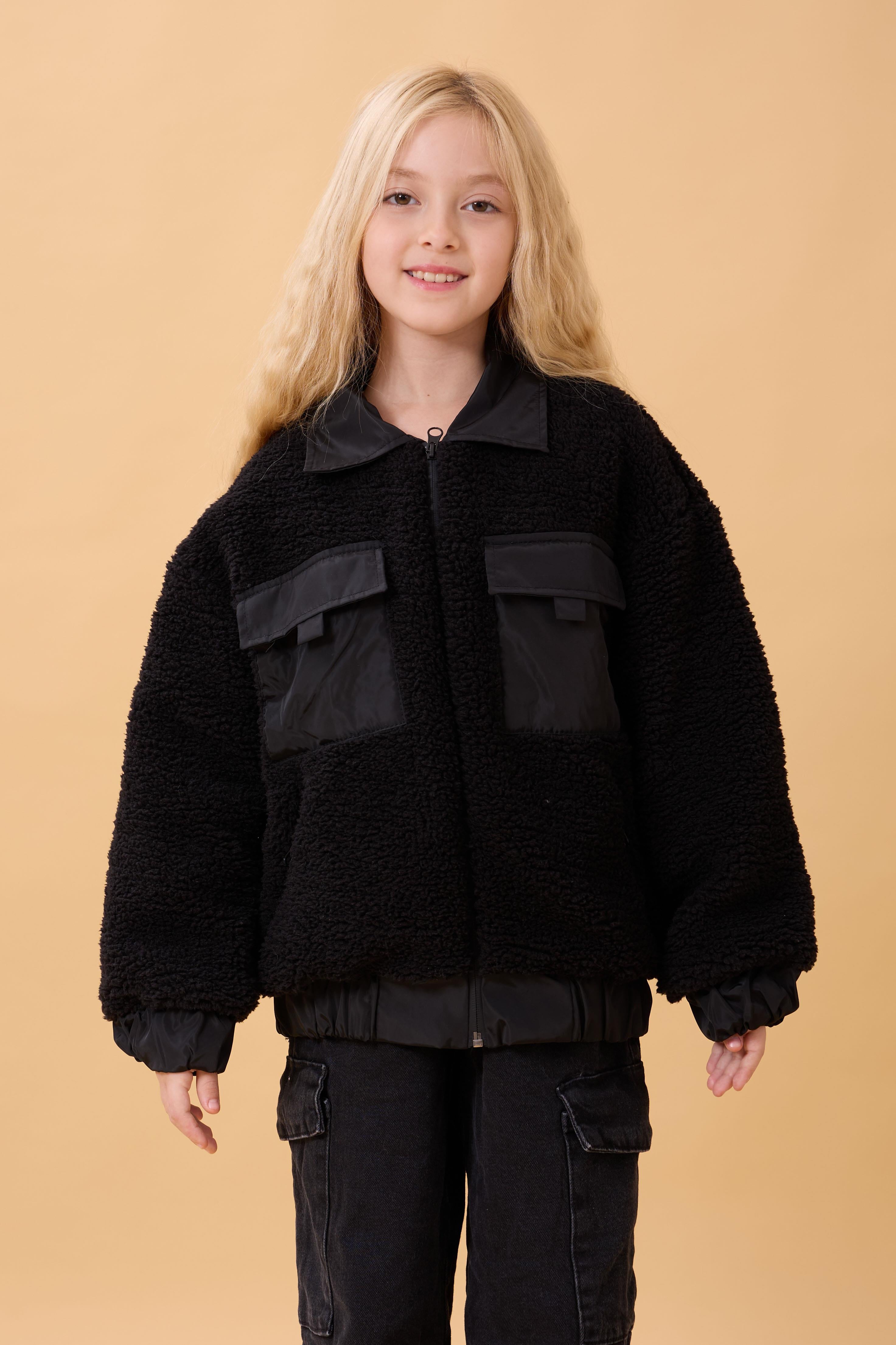Kız Çocuk Gömlek Yaka Cepli Peluş Kışlık Mont Siyah
