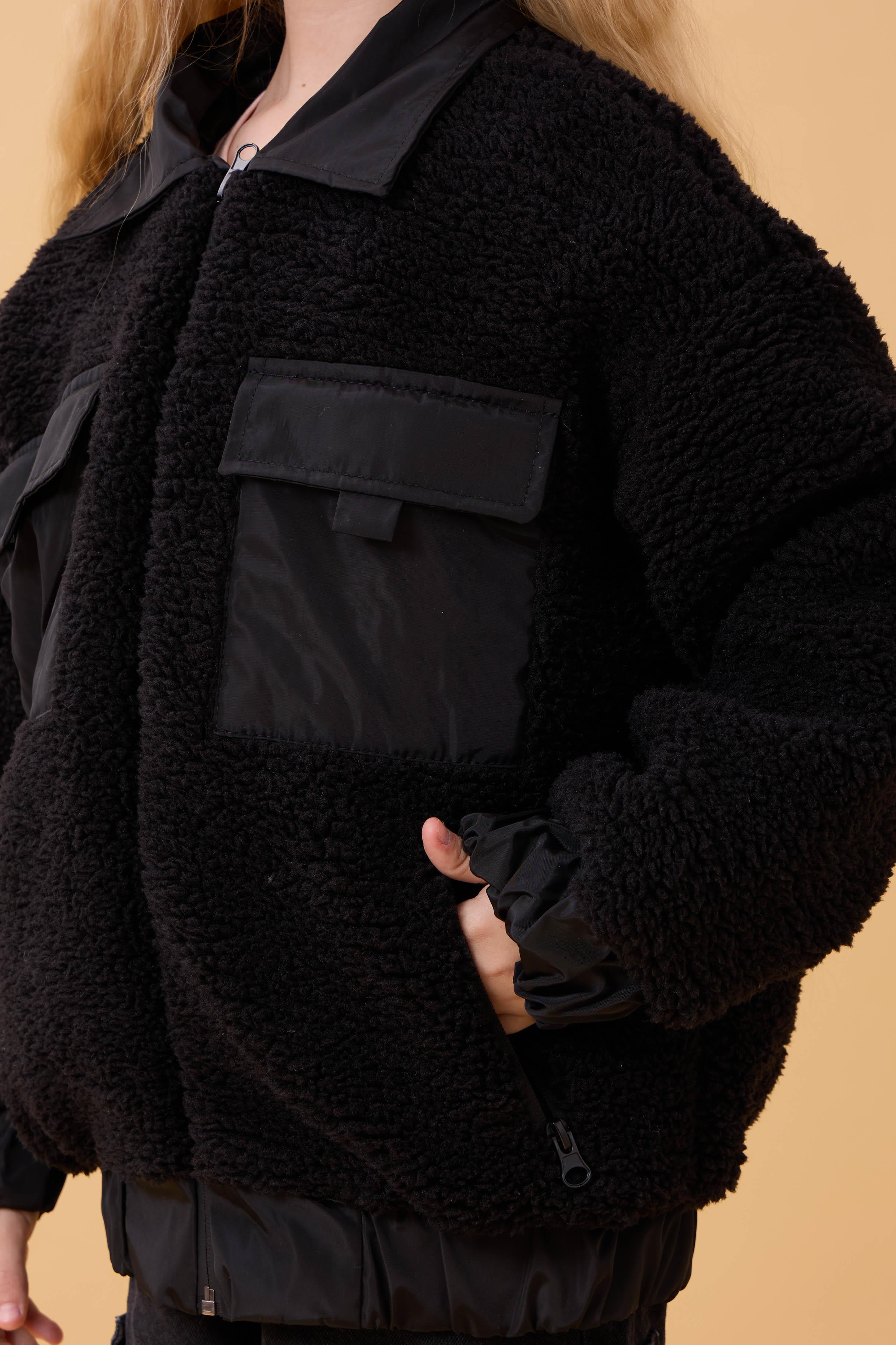 Kız Çocuk Gömlek Yaka Cepli Peluş Kışlık Mont Siyah