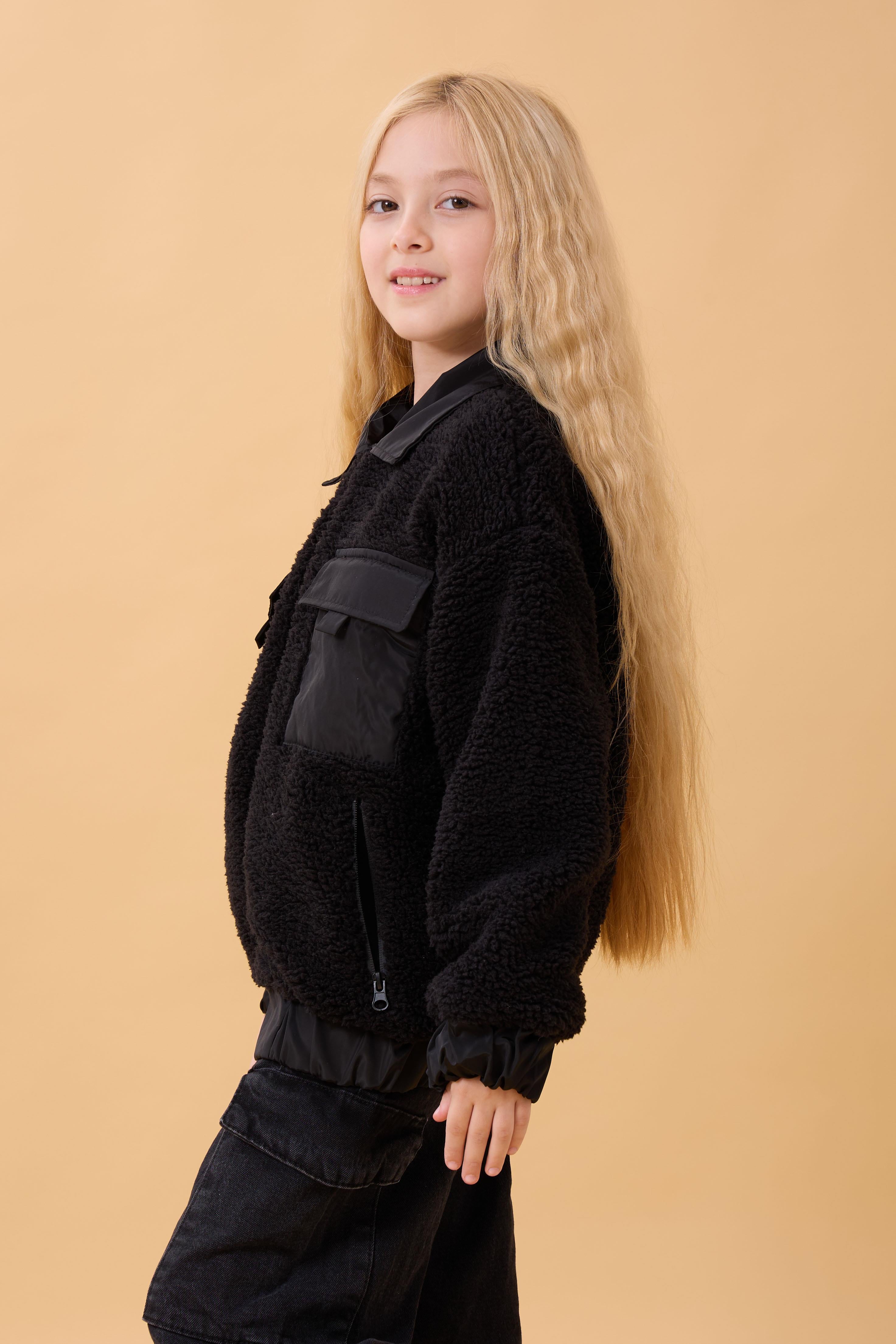 Kız Çocuk Gömlek Yaka Cepli Peluş Kışlık Mont Siyah