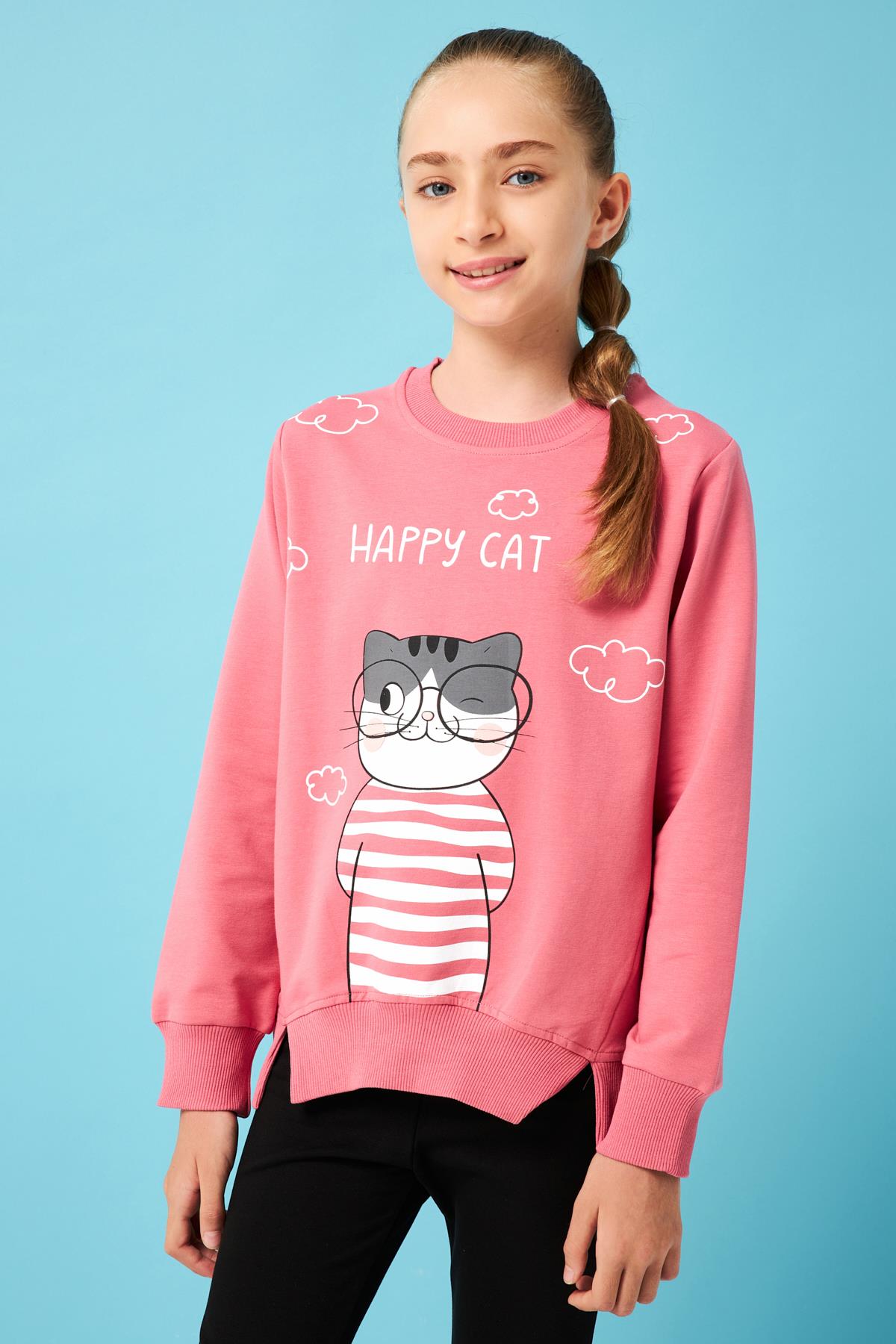 Happy Cat Baskı Detaylı Taytlı Kız Çocuk Takım Gül Kurusu