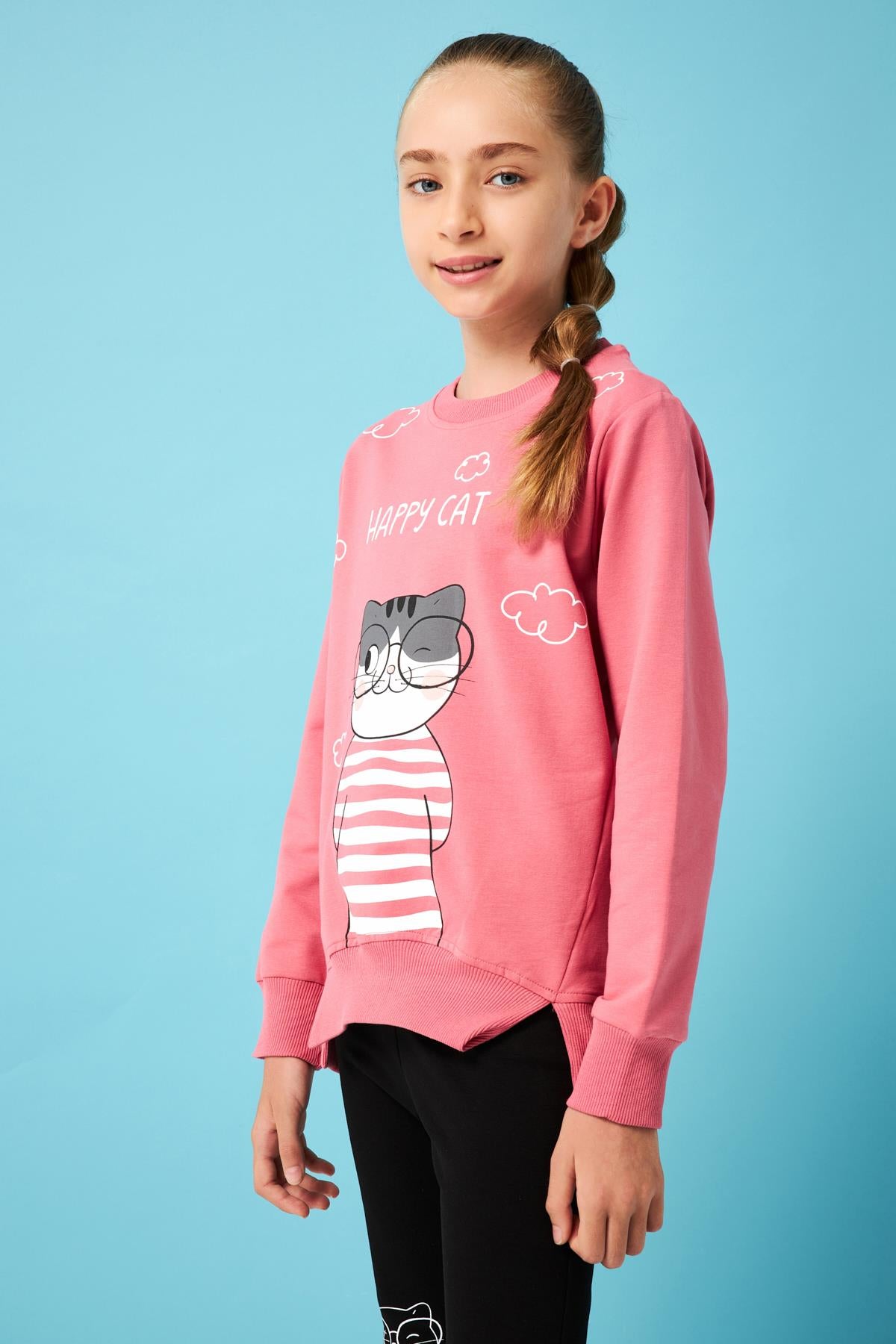 Happy Cat Baskı Detaylı Taytlı Kız Çocuk Takım Gül Kurusu