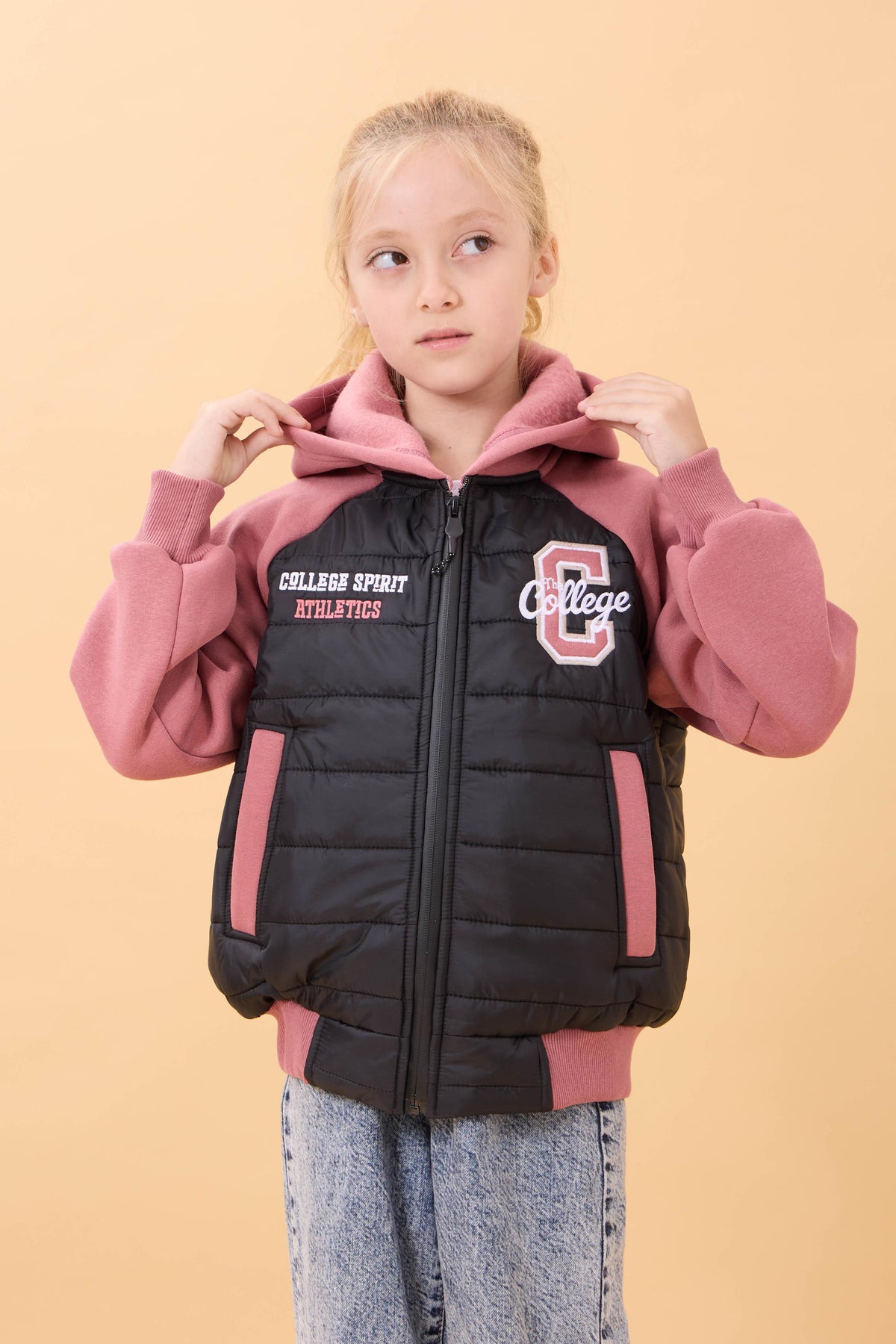 Kız Çocuk İçi Peluşlu Kapüşonlu Kapitone Kolej Ceket