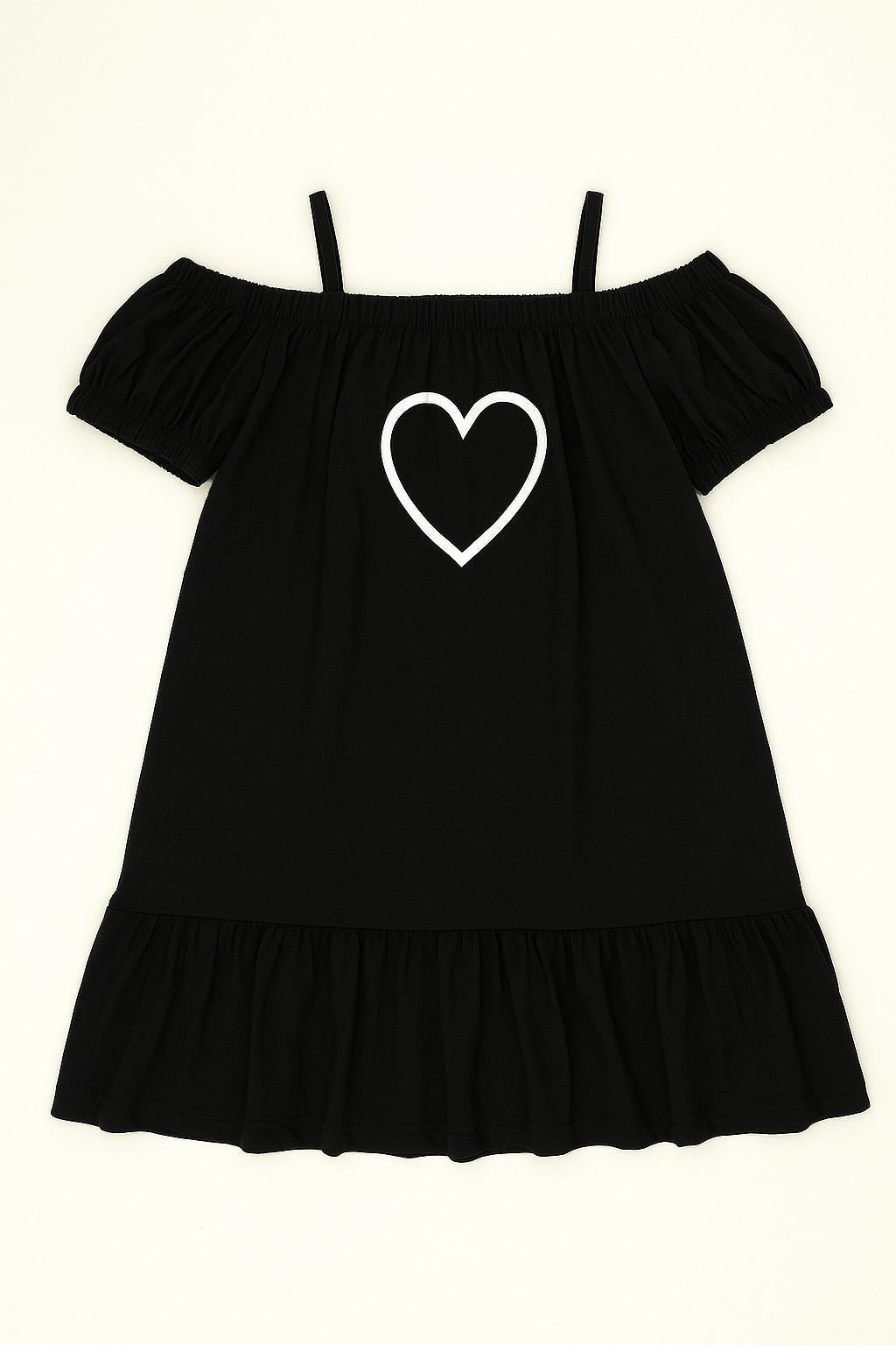 Kız Çocuk Kalp Baskılı Pamuklu Siyah Elbise