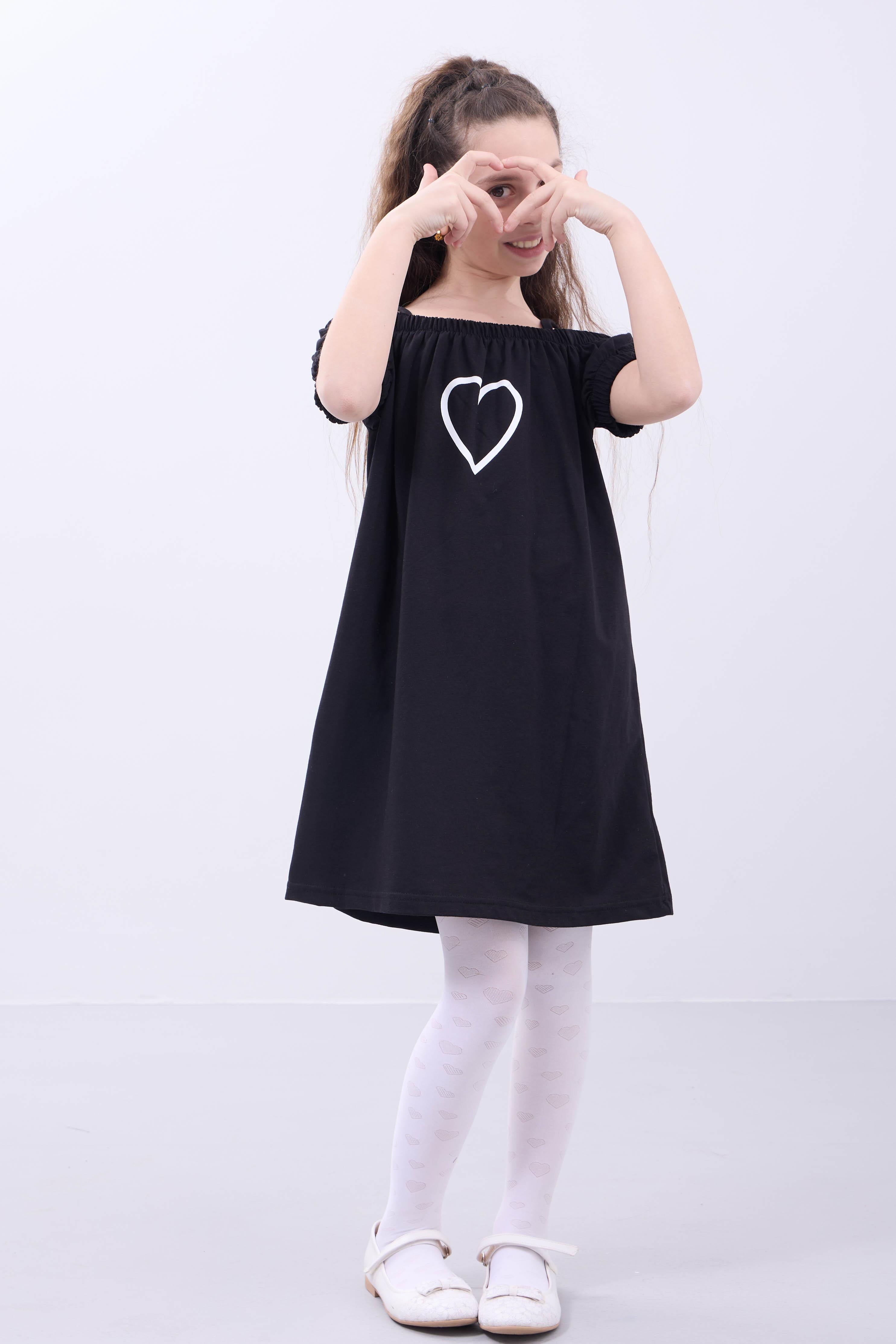 Kız Çocuk Kalp Baskılı Pamuklu Siyah Elbise