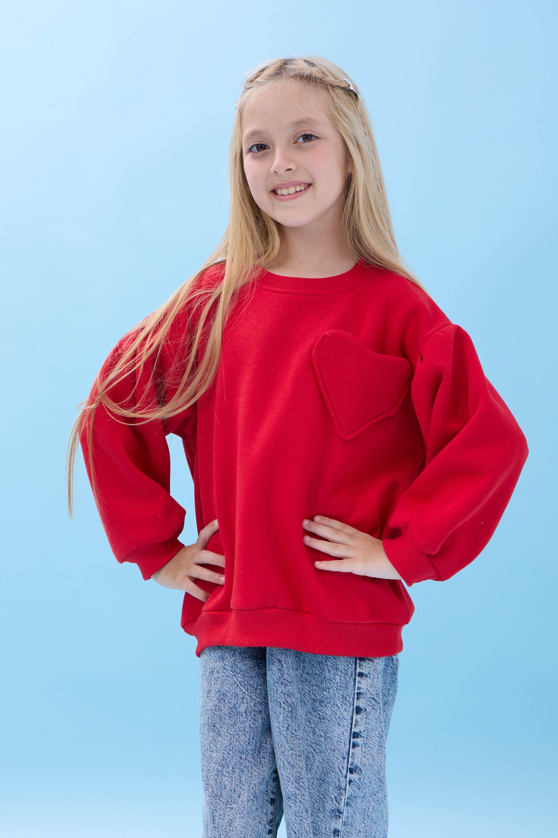 Kız Çocuk Kalp Cep Detaylı Balon Kollu Şardonlu Sweatshirt