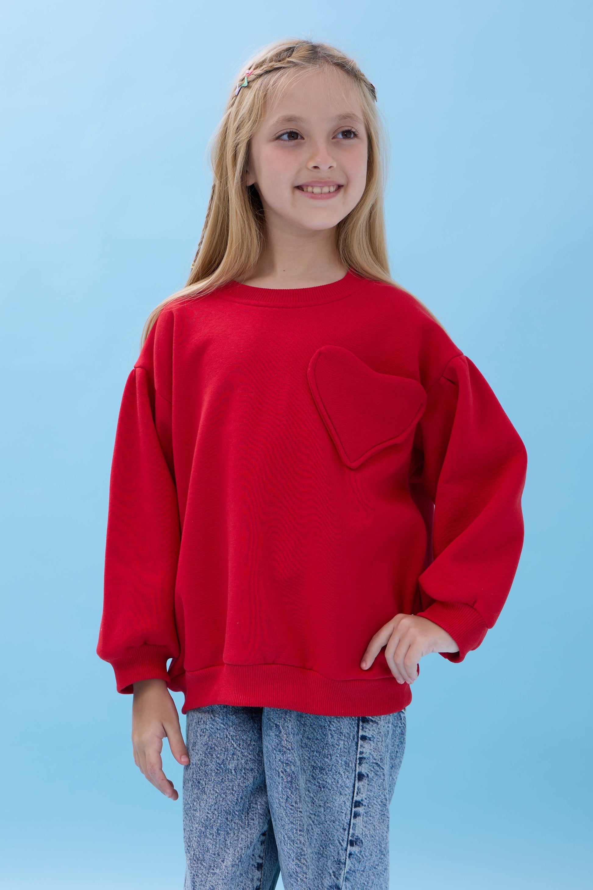 Kız Çocuk Kalp Cep Detaylı Balon Kollu Şardonlu Sweatshirt