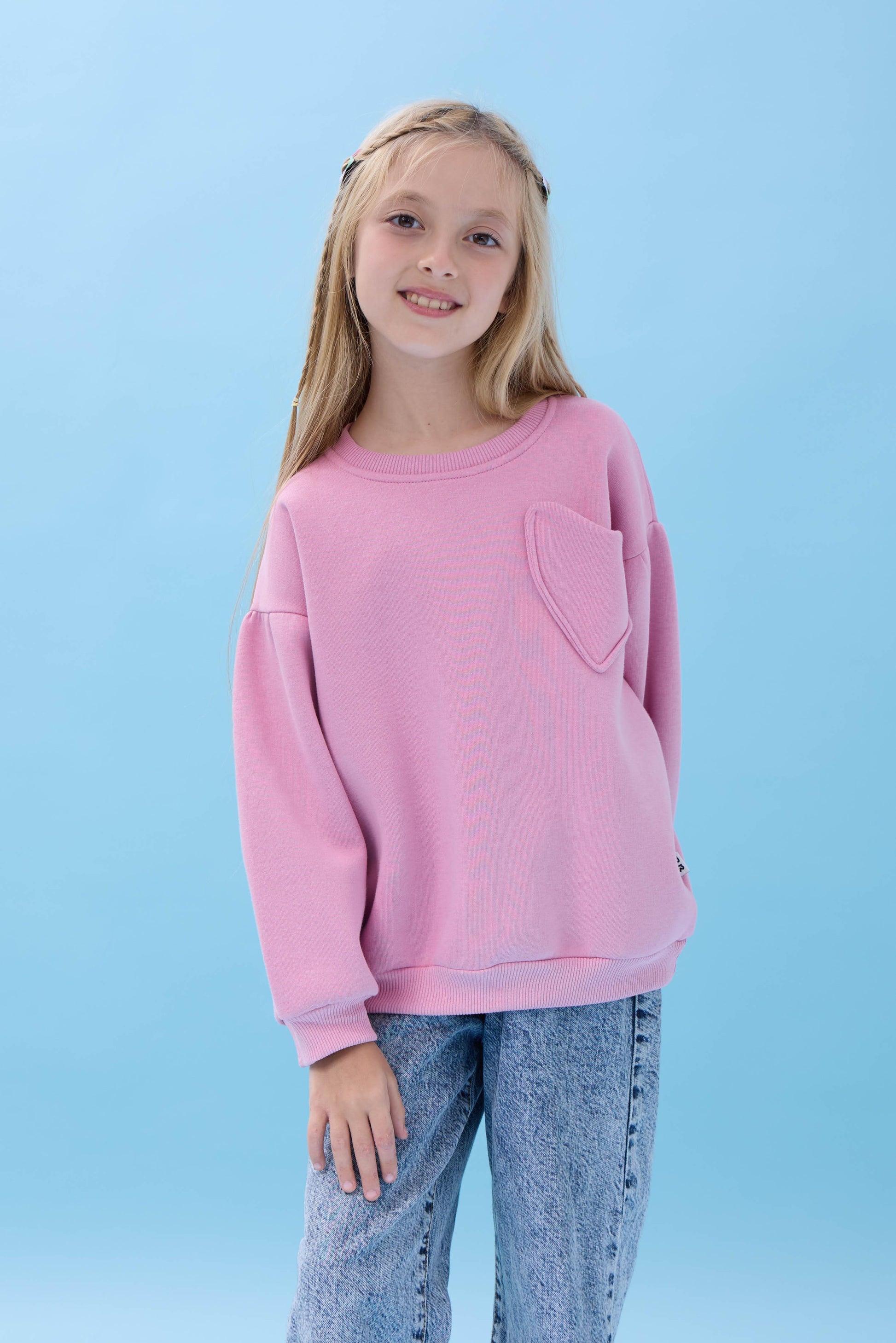 Kız Çocuk Kalp Cep Detaylı Balon Kollu Şardonlu Sweatshirt