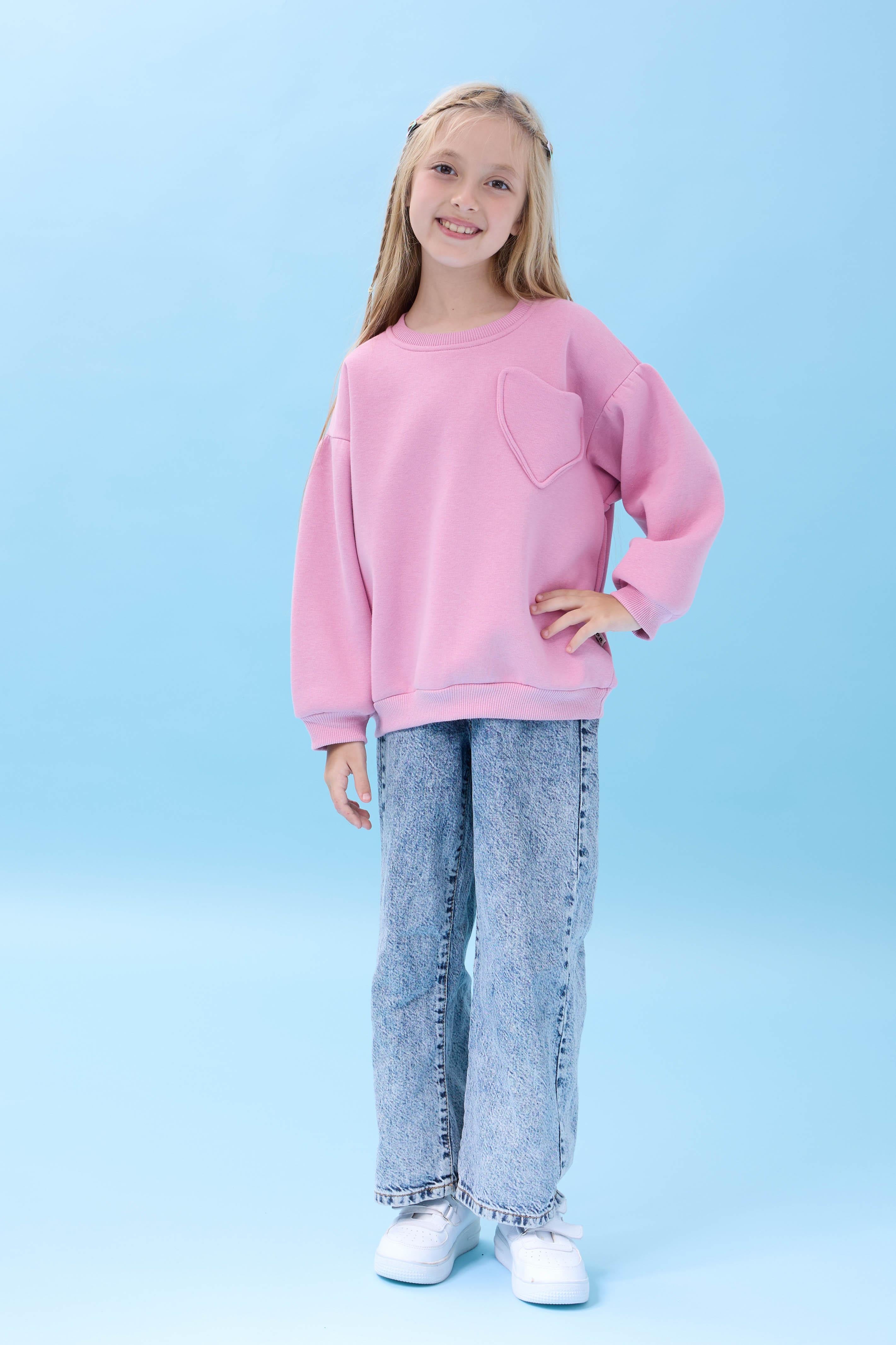 Kız Çocuk Kalp Cep Detaylı Balon Kollu Şardonlu Sweatshirt - Açık Gül