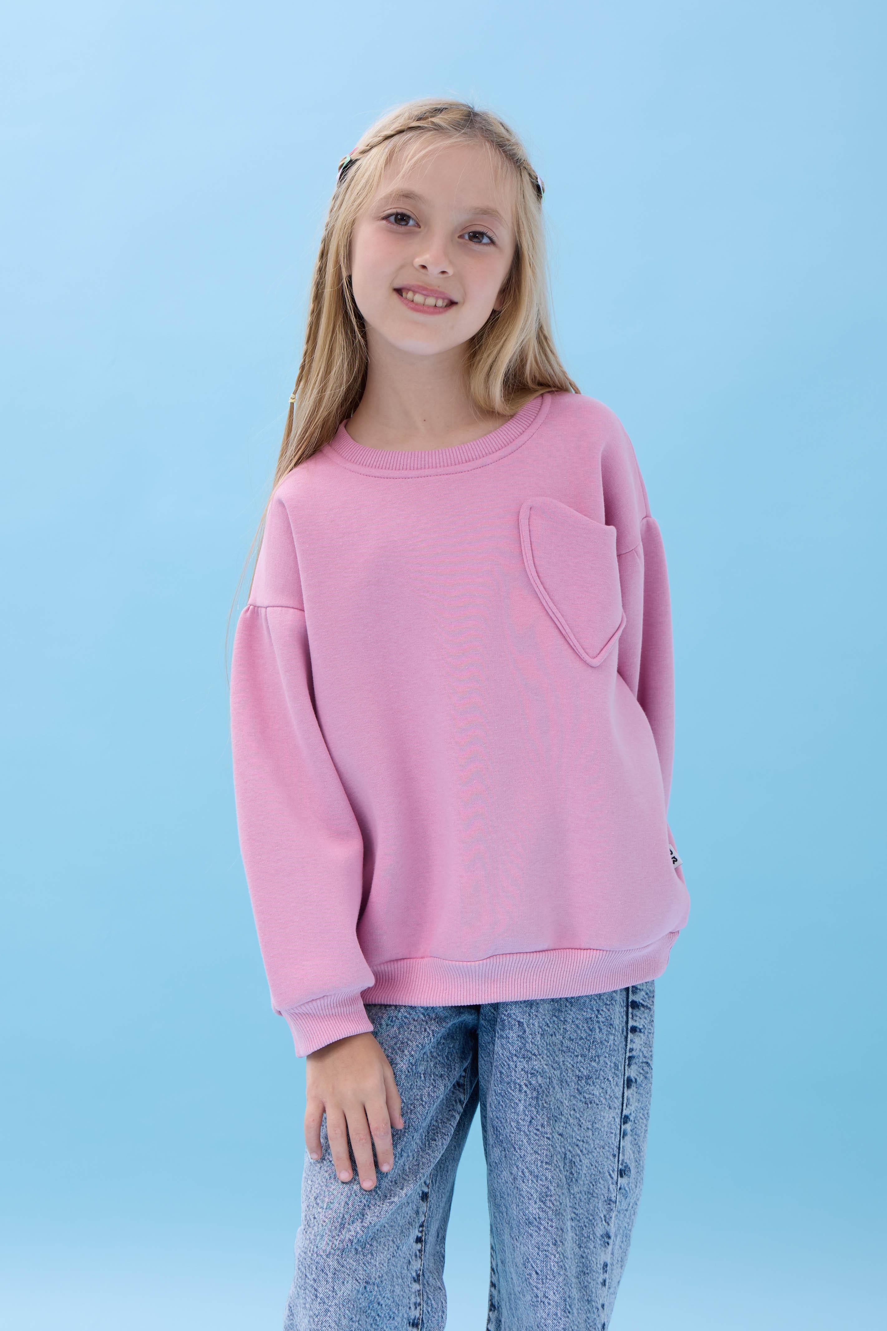 Kız Çocuk Kalp Cep Detaylı Balon Kollu Şardonlu Sweatshirt - Açık Gül