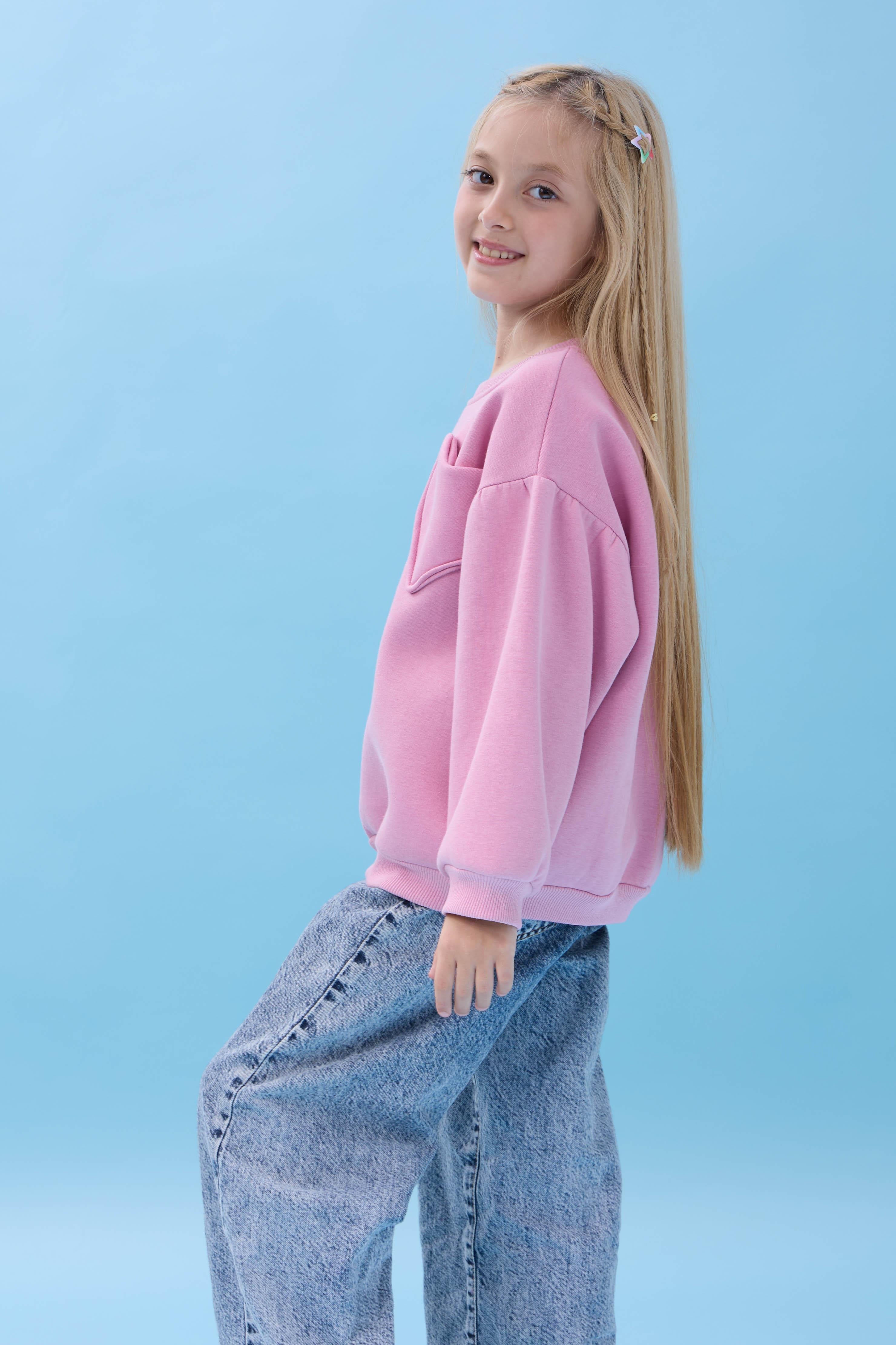 Kız Çocuk Kalp Cep Detaylı Balon Kollu Şardonlu Sweatshirt - Açık Gül