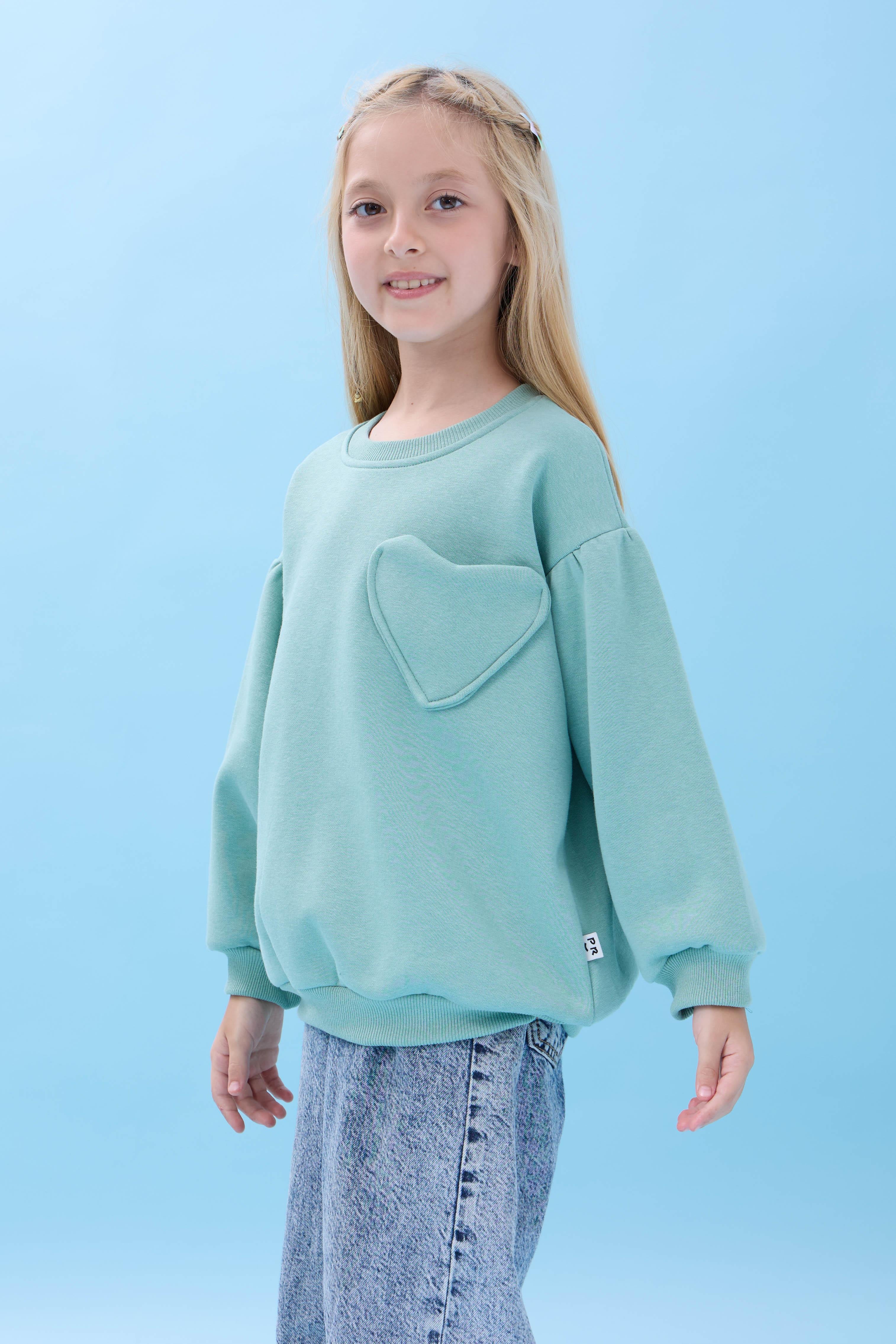 Kız Çocuk Kalp Cep Detaylı Balon Kollu Şardonlu Sweatshirt - Çağla