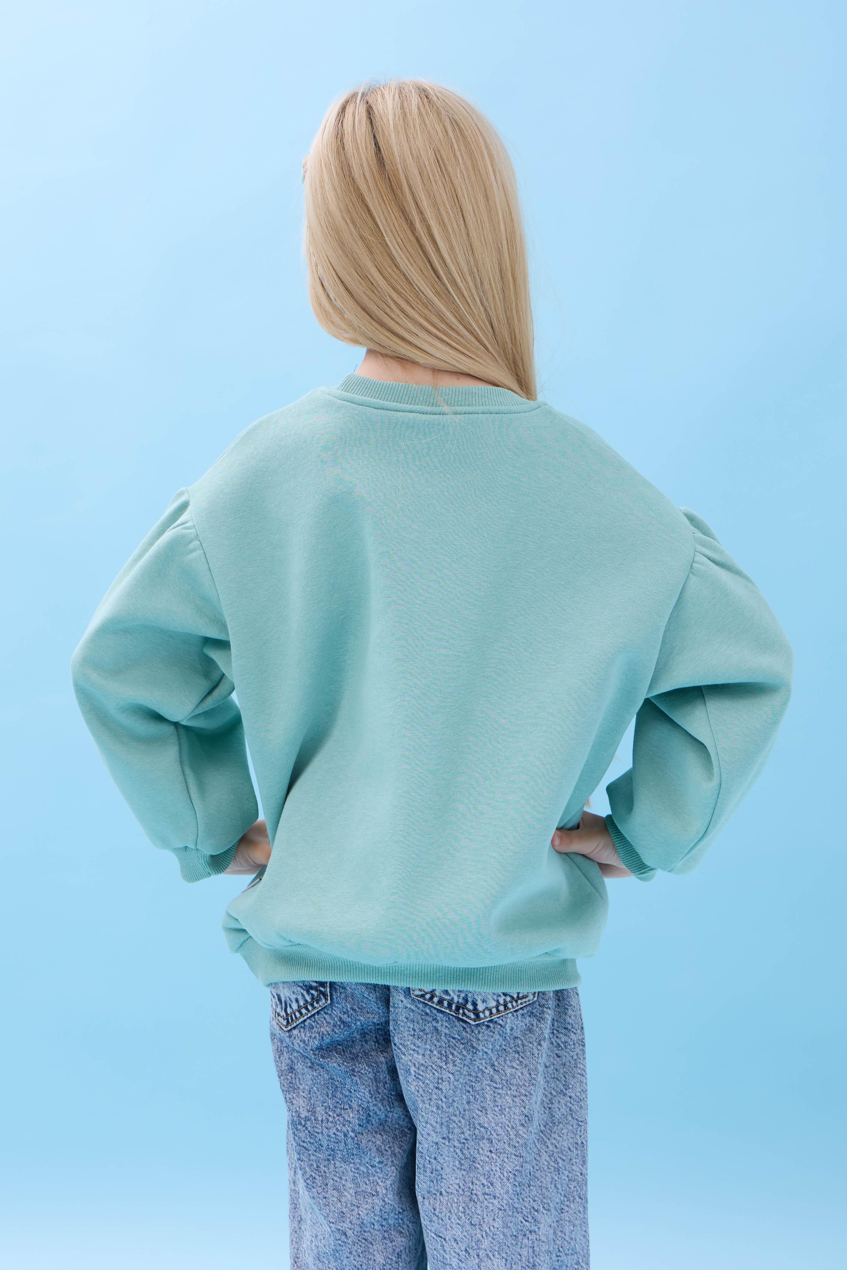 Kız Çocuk Kalp Cep Detaylı Balon Kollu Şardonlu Sweatshirt - Çağla