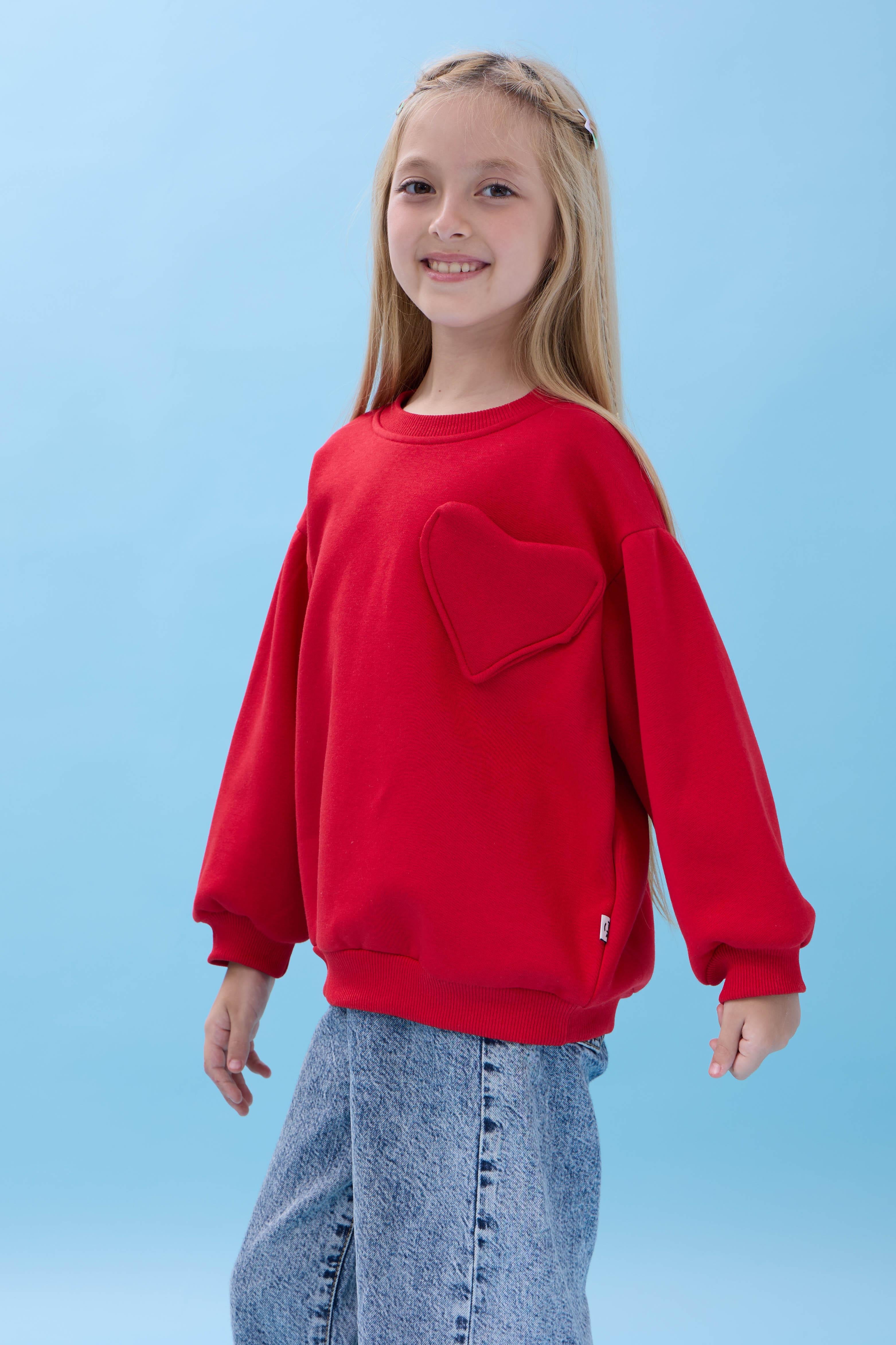 Kız Çocuk Kalp Cep Detaylı Balon Kollu Şardonlu Sweatshirt - Kırmızı