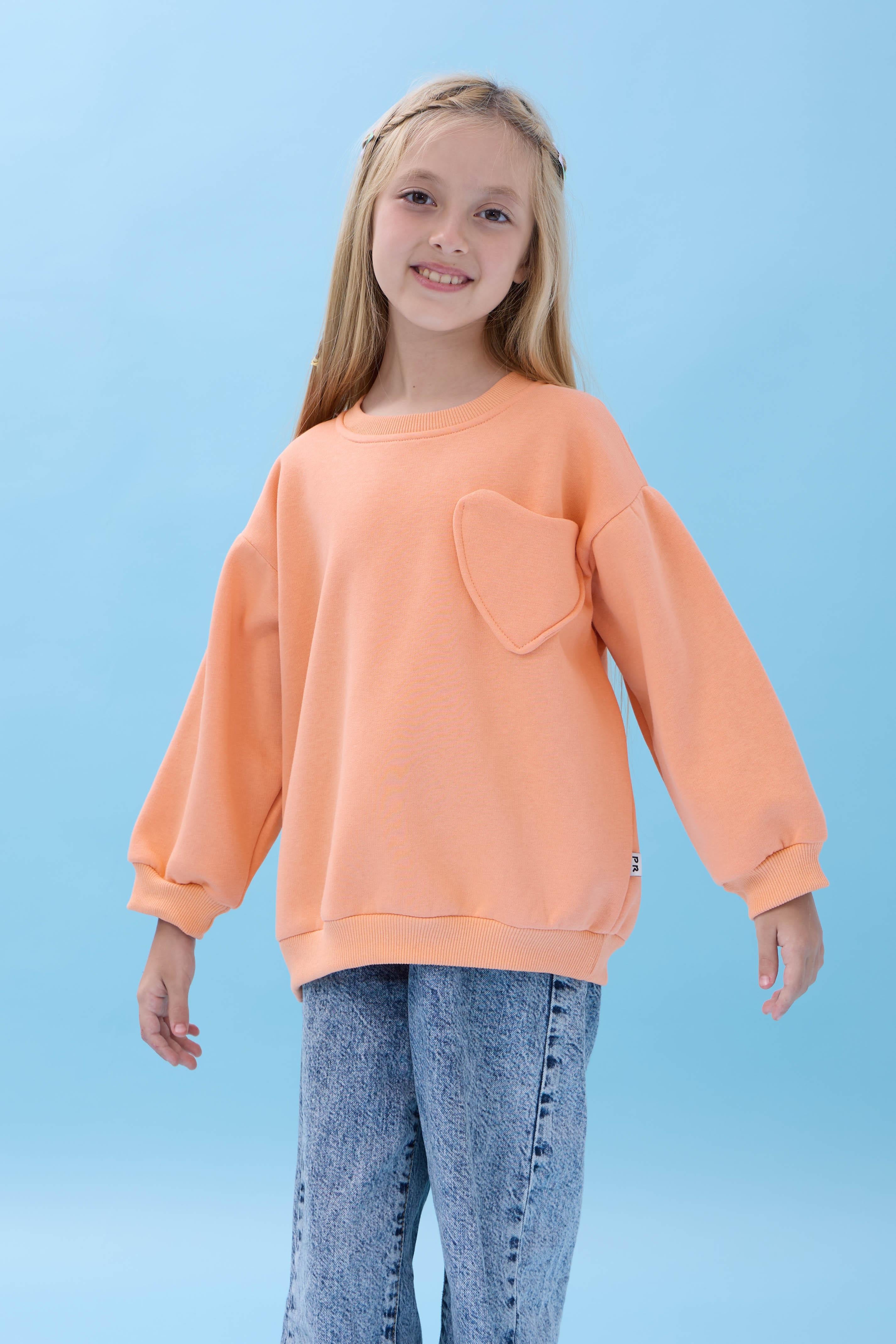 Kız Çocuk Kalp Cep Detaylı Balon Kollu Şardonlu Sweatshirt - Şeftali