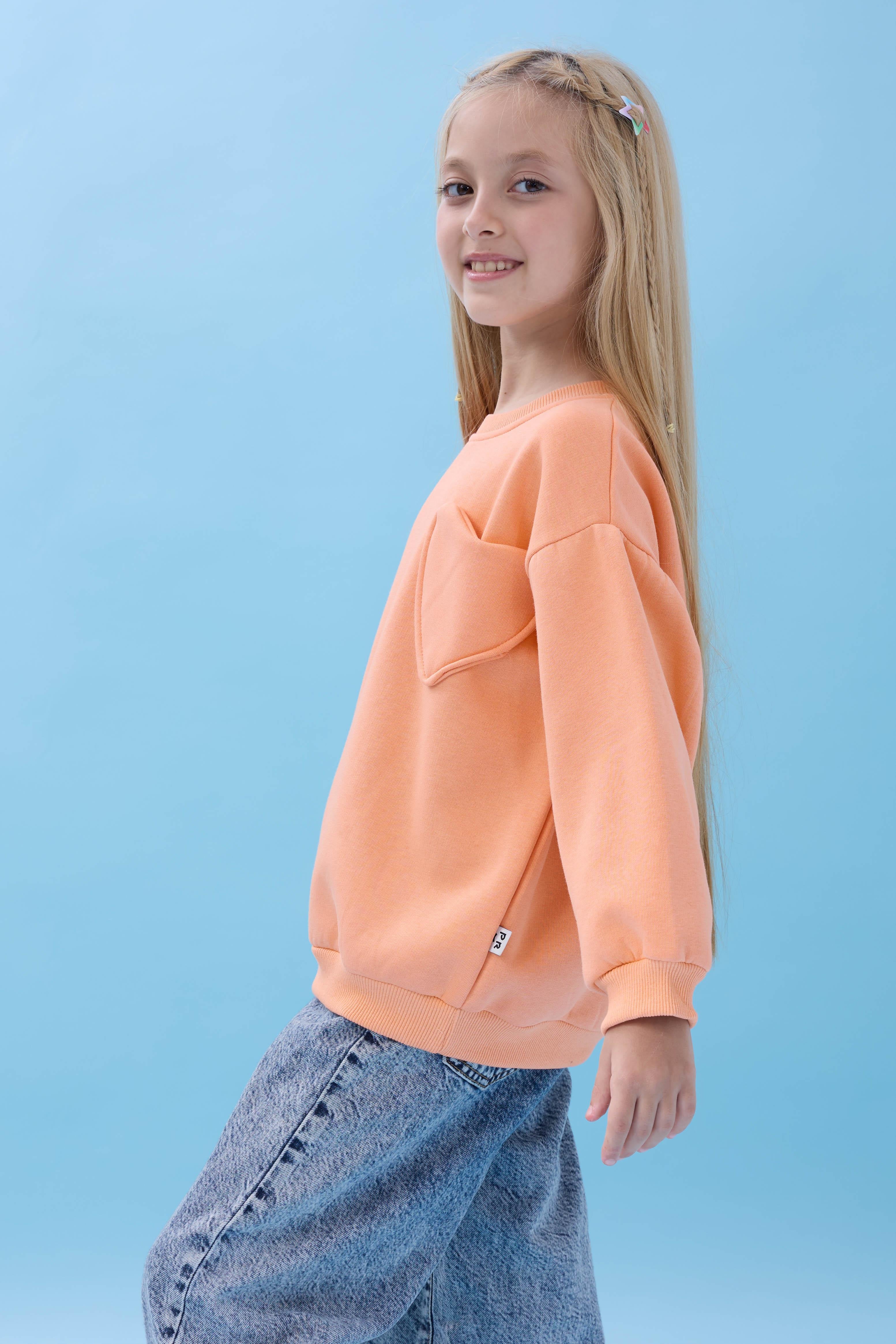 Kız Çocuk Kalp Cep Detaylı Balon Kollu Şardonlu Sweatshirt - Şeftali