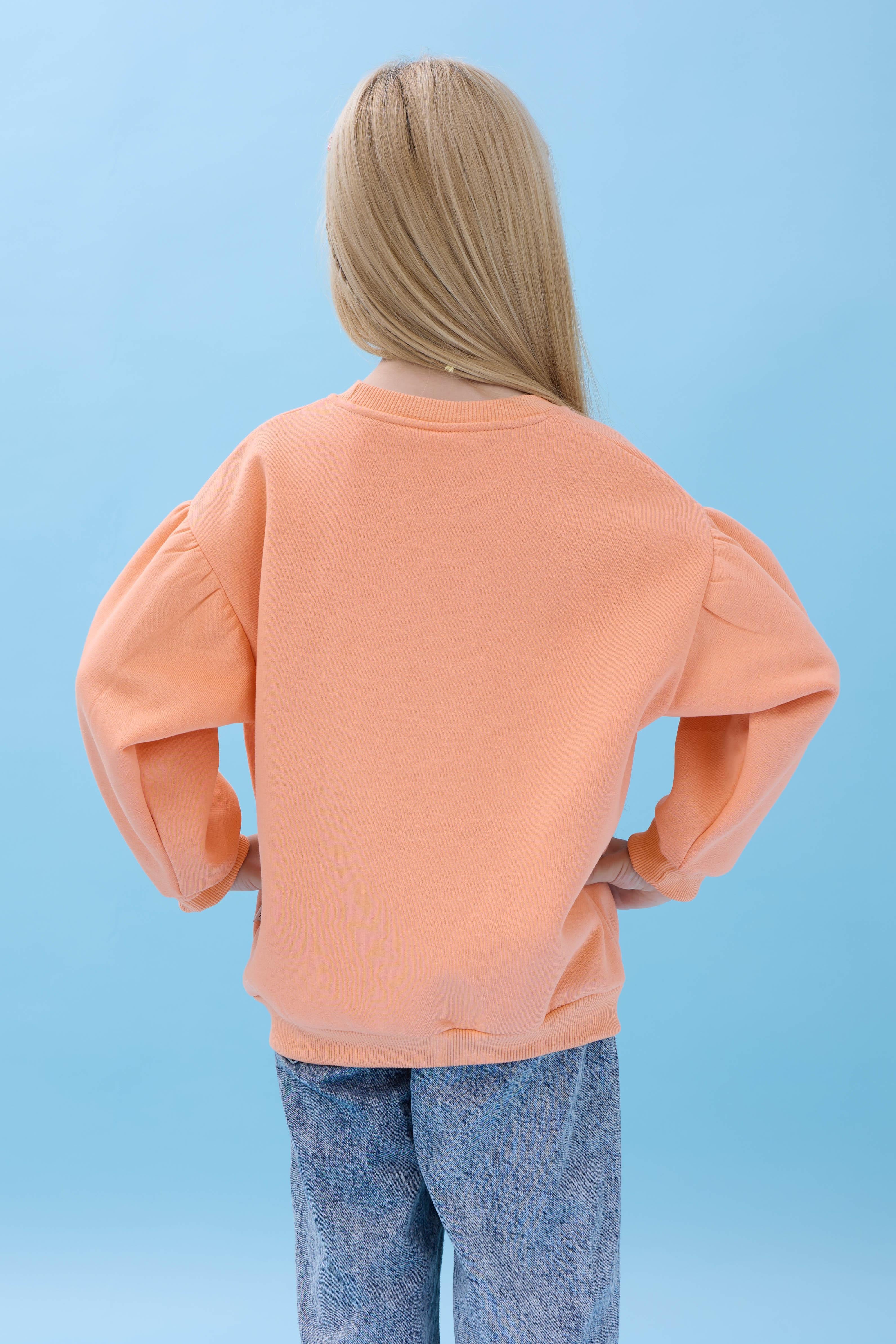 Kız Çocuk Kalp Cep Detaylı Balon Kollu Şardonlu Sweatshirt - Şeftali