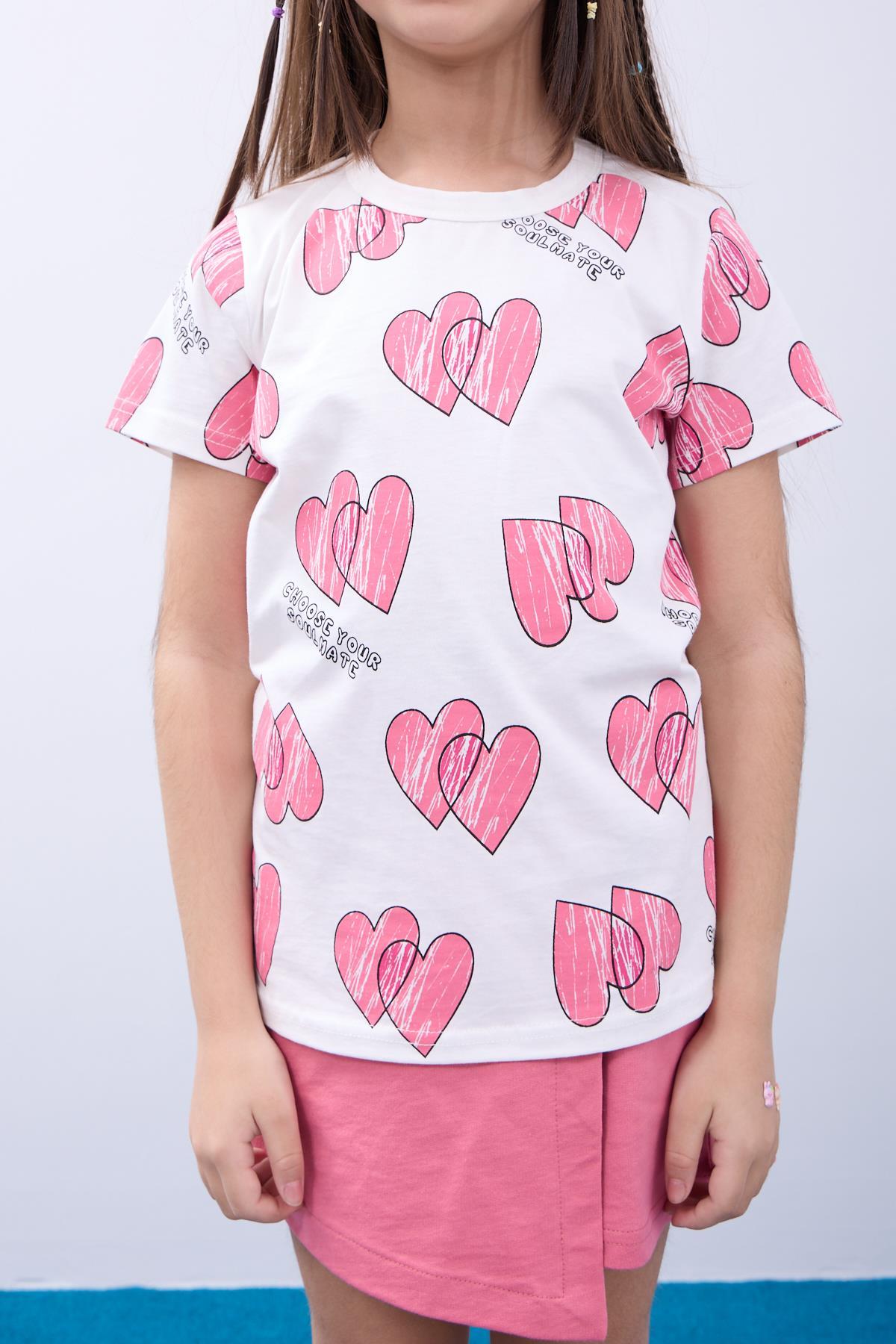 Kız Çocuk Kalp Desenli Tişört ve Şortlu Etek Takım