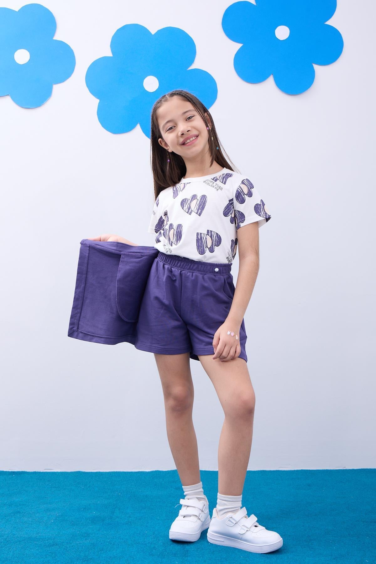 Kız Çocuk Kalp Desenli Tişört ve Şortlu Etek Takım