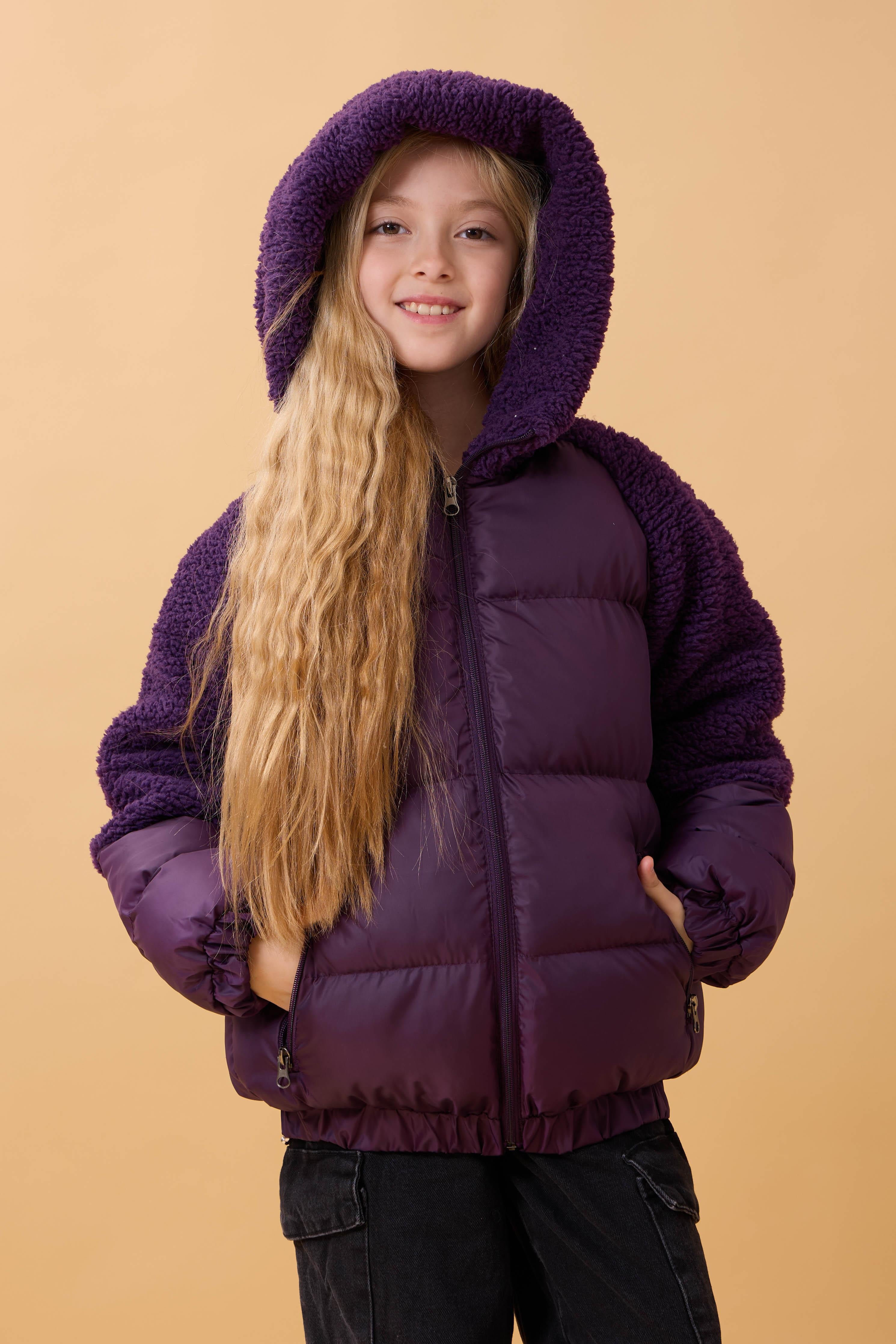 Kız Çocuk Kapüşon & Kol Peluşlu Şişme Mont