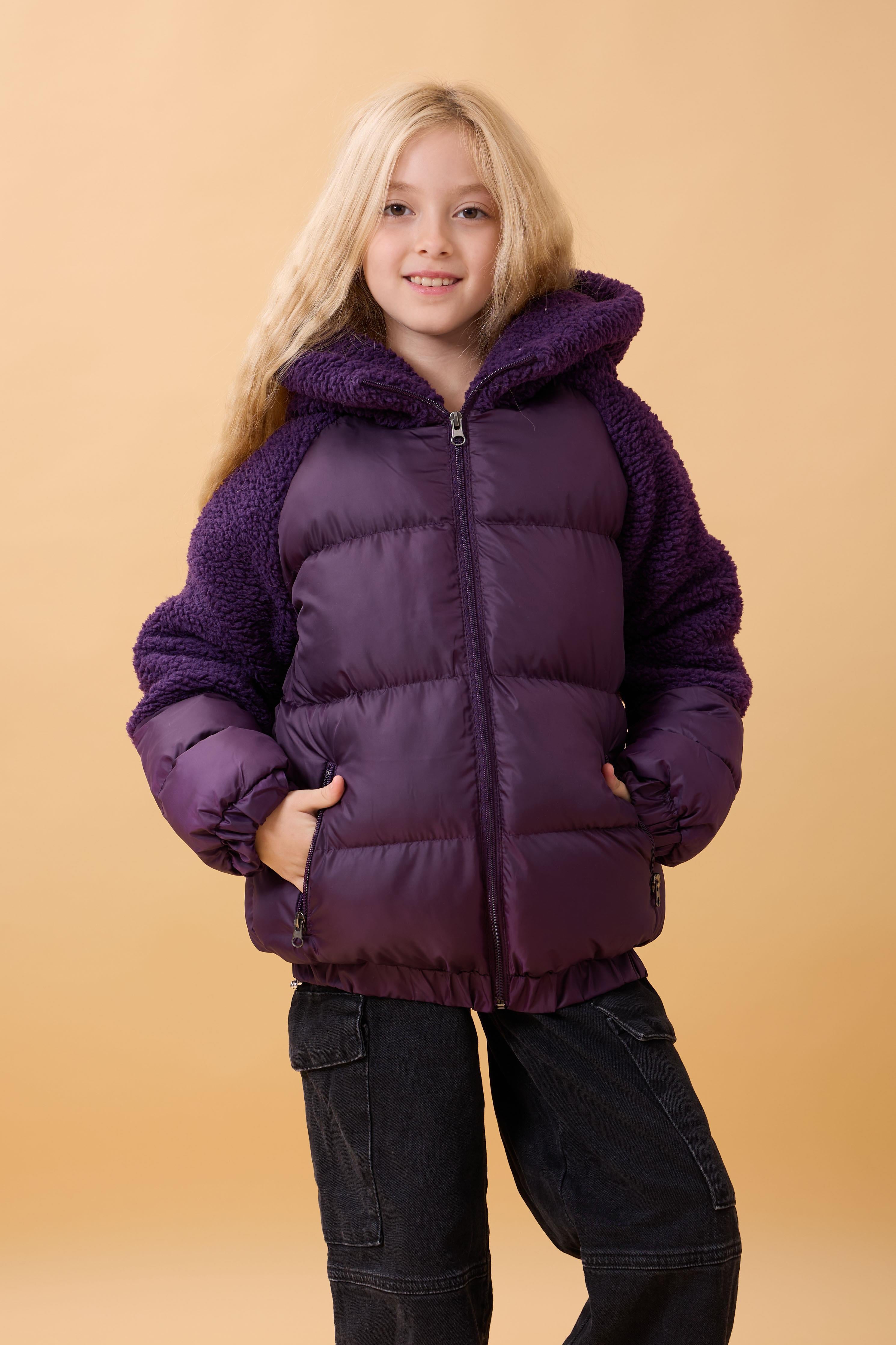 Kız Çocuk Kapüşon & Kol Peluşlu Şişme Mont