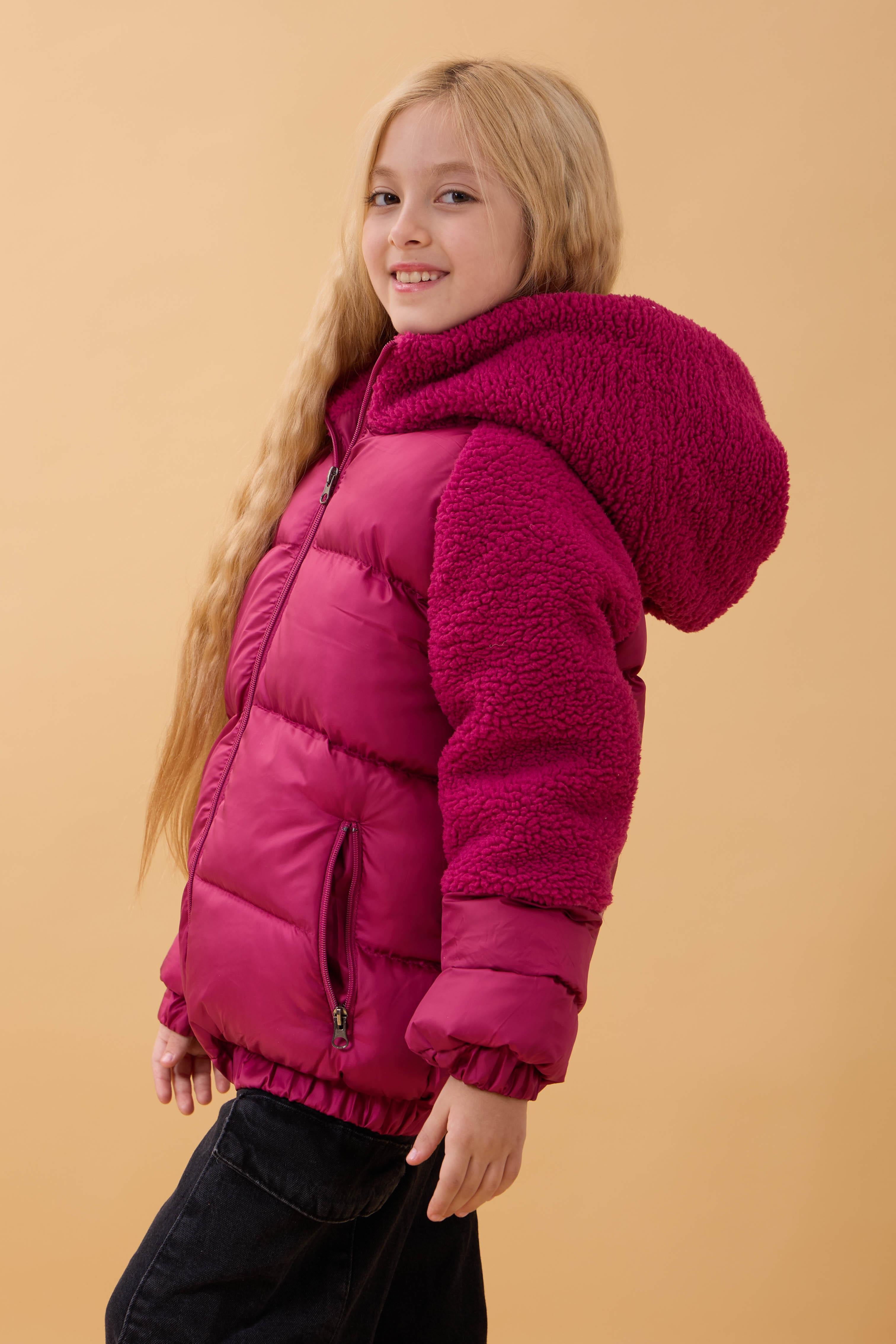 Kız Çocuk Kapüşon & Kol Peluşlu Şişme Mont