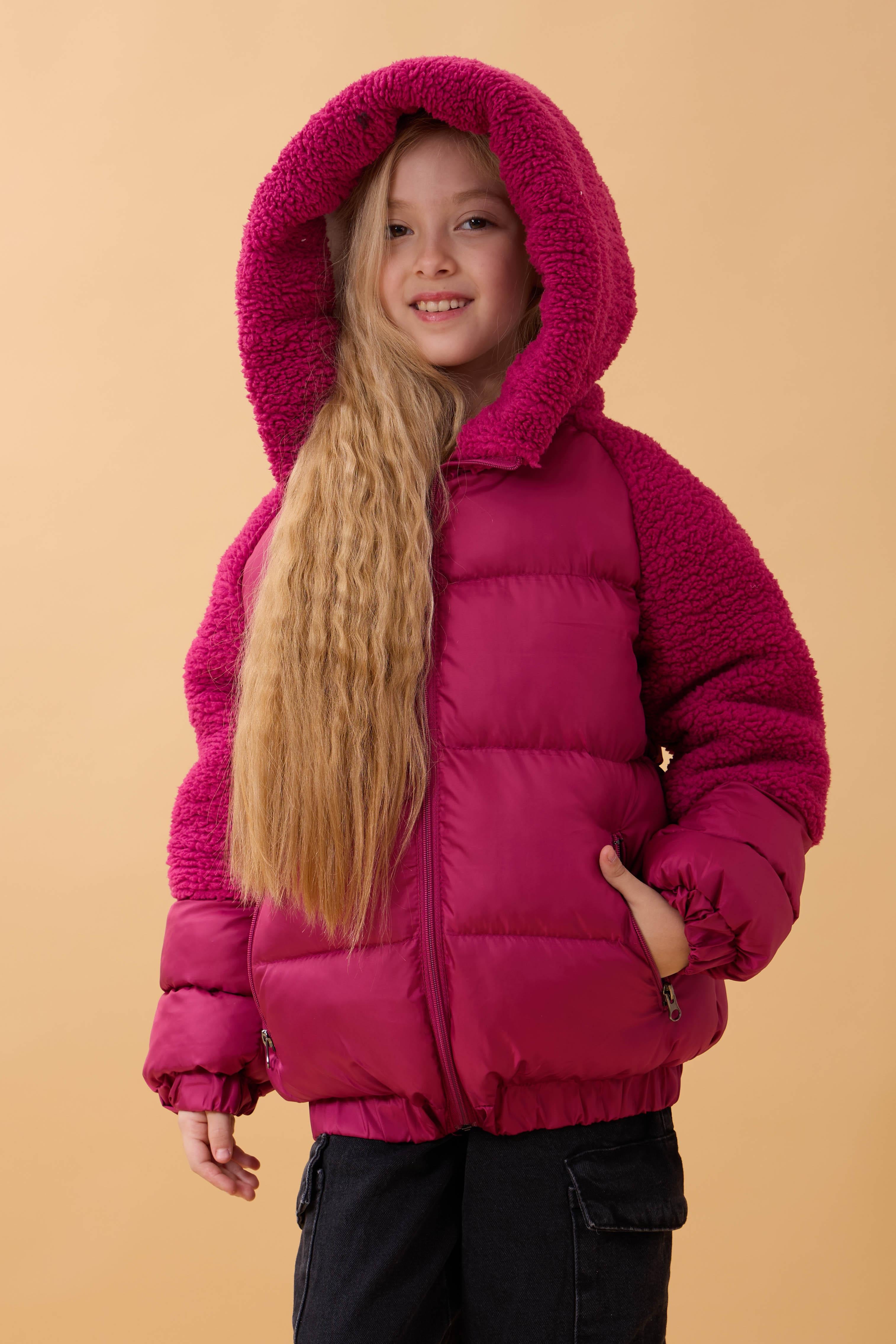 Kız Çocuk Kapüşon & Kol Peluşlu Şişme Mont – Gülkurusu