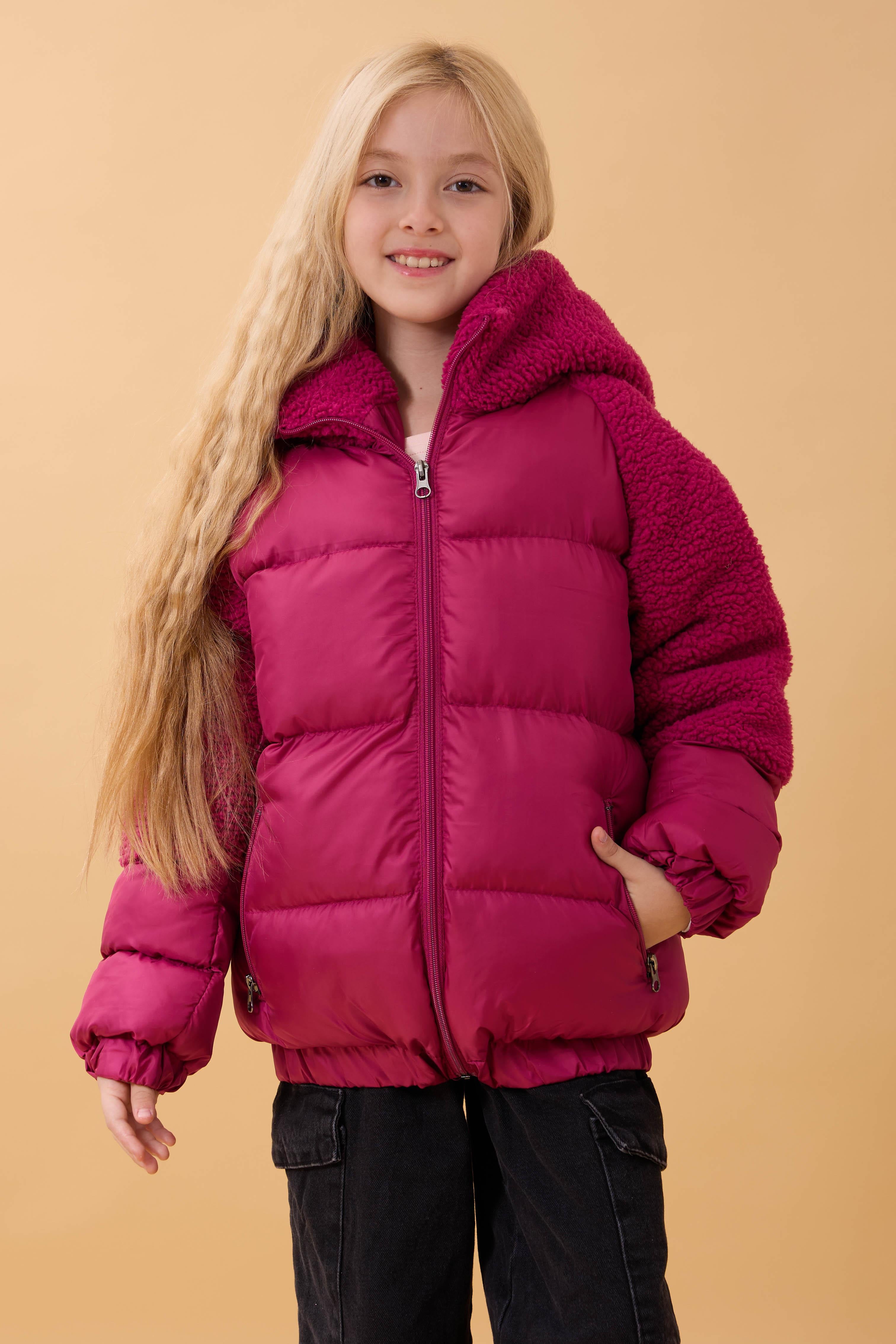 Kız Çocuk Kapüşon & Kol Peluşlu Şişme Mont – Gülkurusu