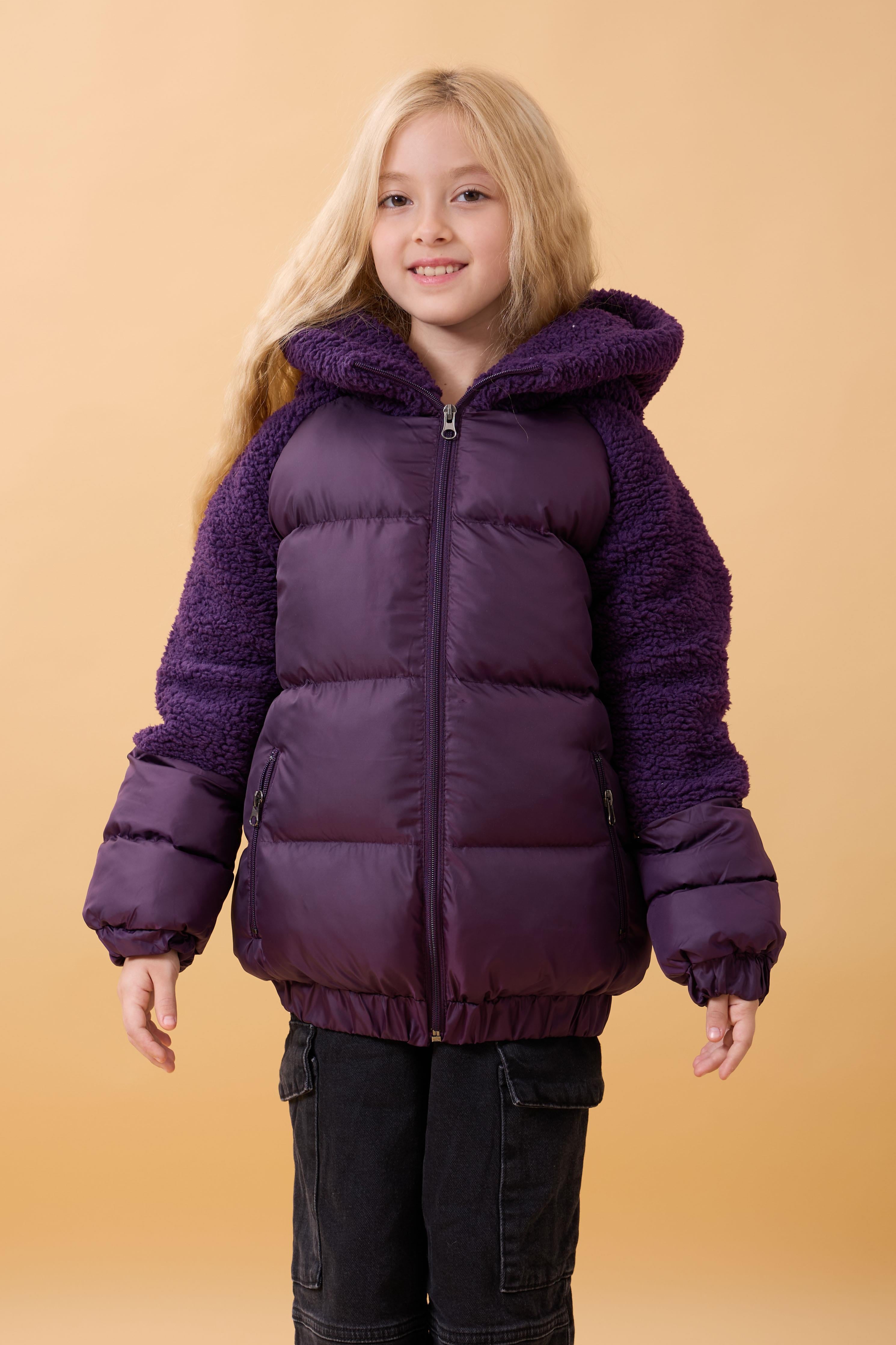 Kız Çocuk Kapüşon & Kol Peluşlu Şişme Mont – Mor