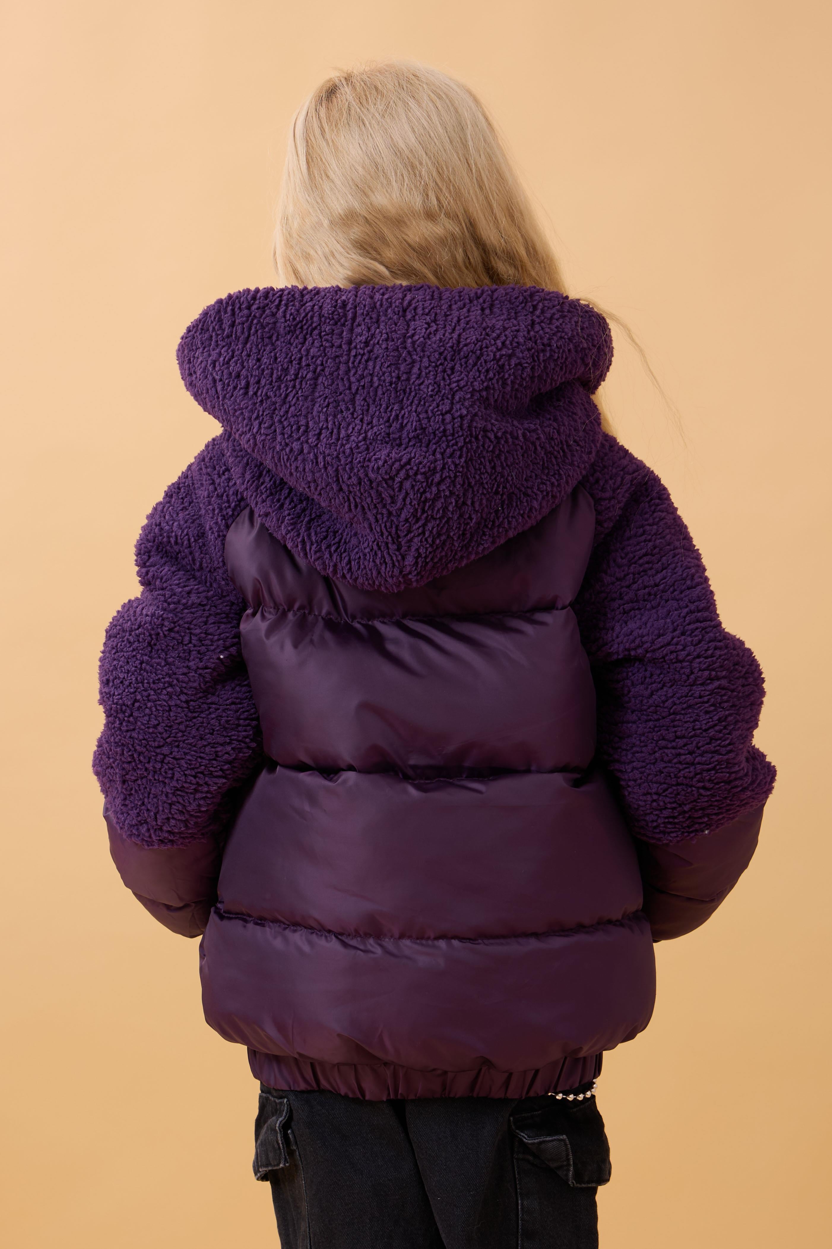 Kız Çocuk Kapüşon & Kol Peluşlu Şişme Mont – Mor