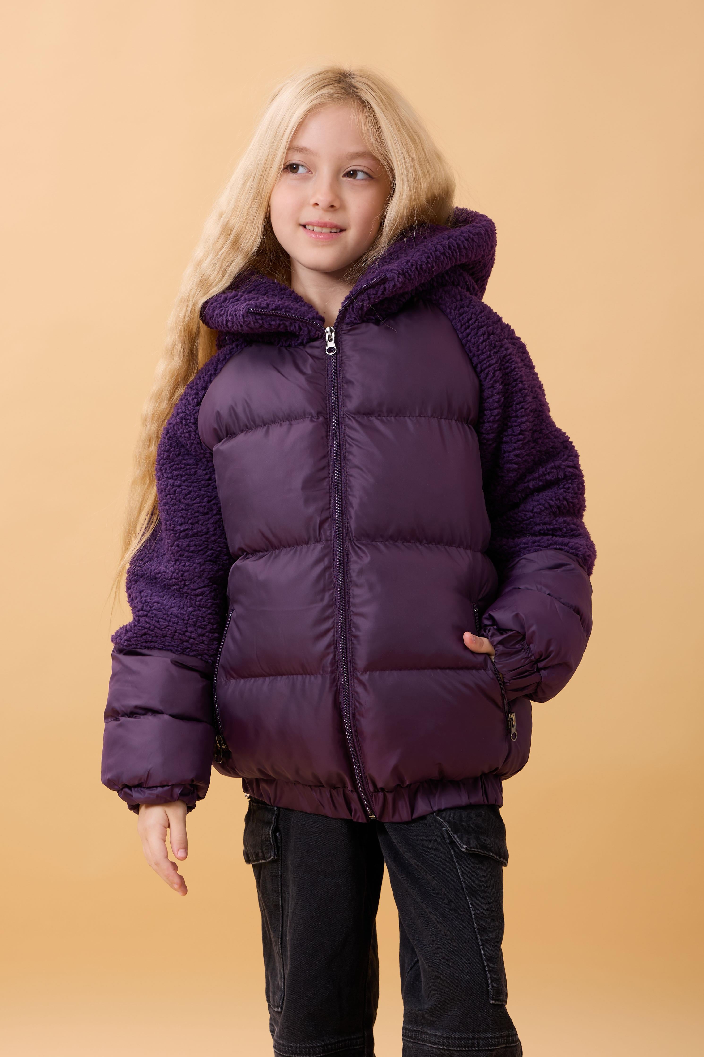 Kız Çocuk Kapüşon & Kol Peluşlu Şişme Mont – Mor