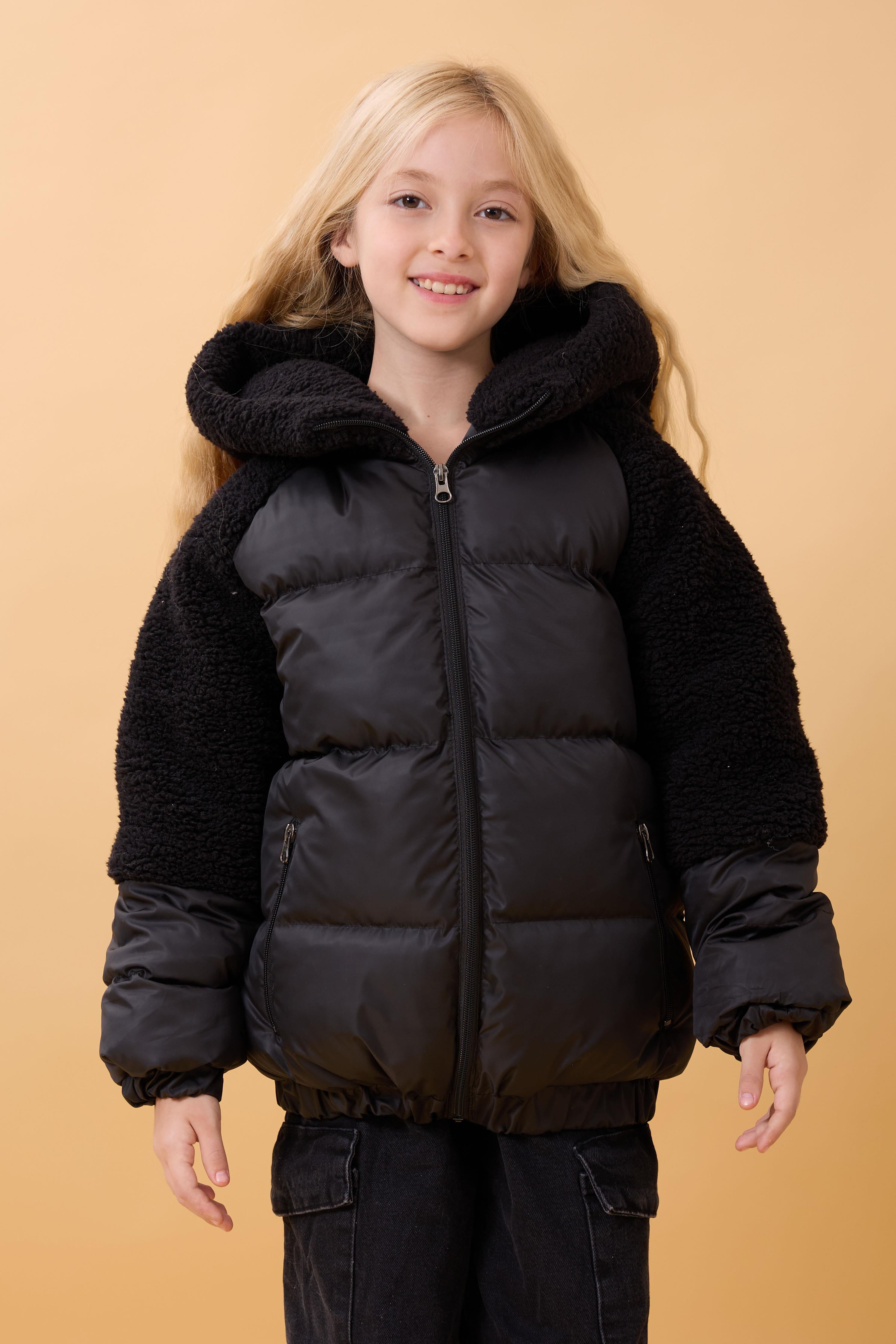 Kız Çocuk Kapüşon & Kol Peluşlu Şişme Mont – Siyah
