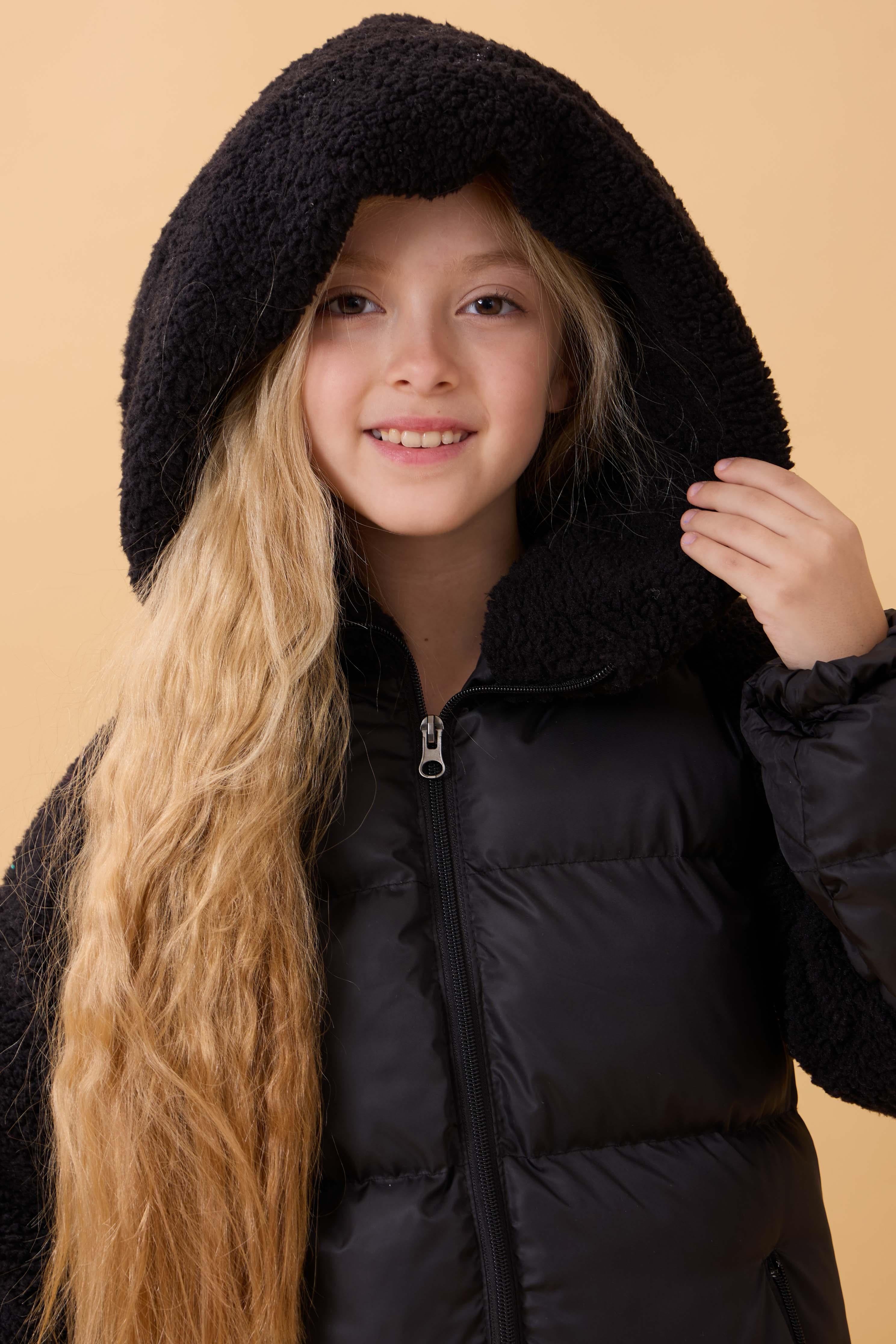 Kız Çocuk Kapüşon & Kol Peluşlu Şişme Mont – Siyah