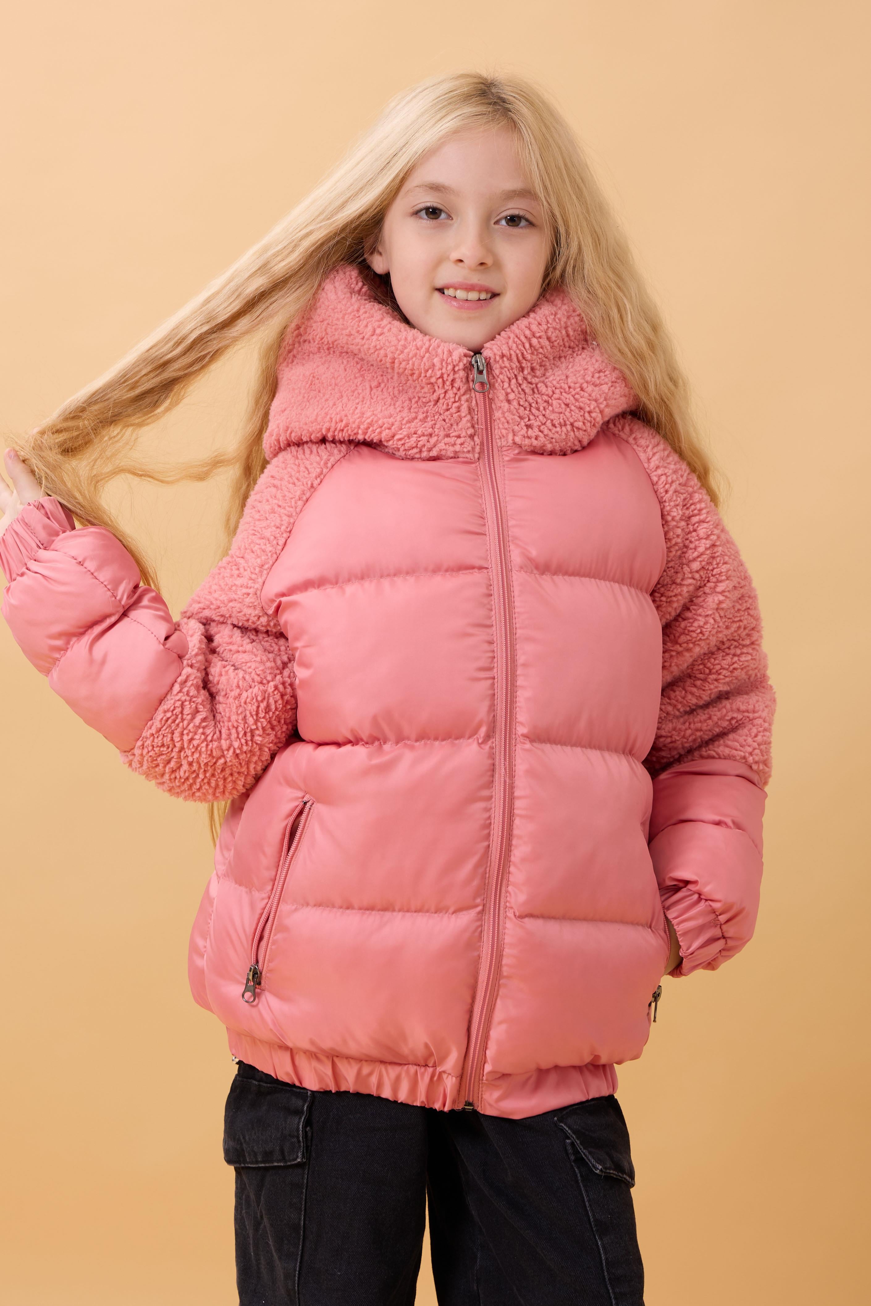 Kız Çocuk Kapüşon & Kol Peluşlu Şişme Mont – Somon