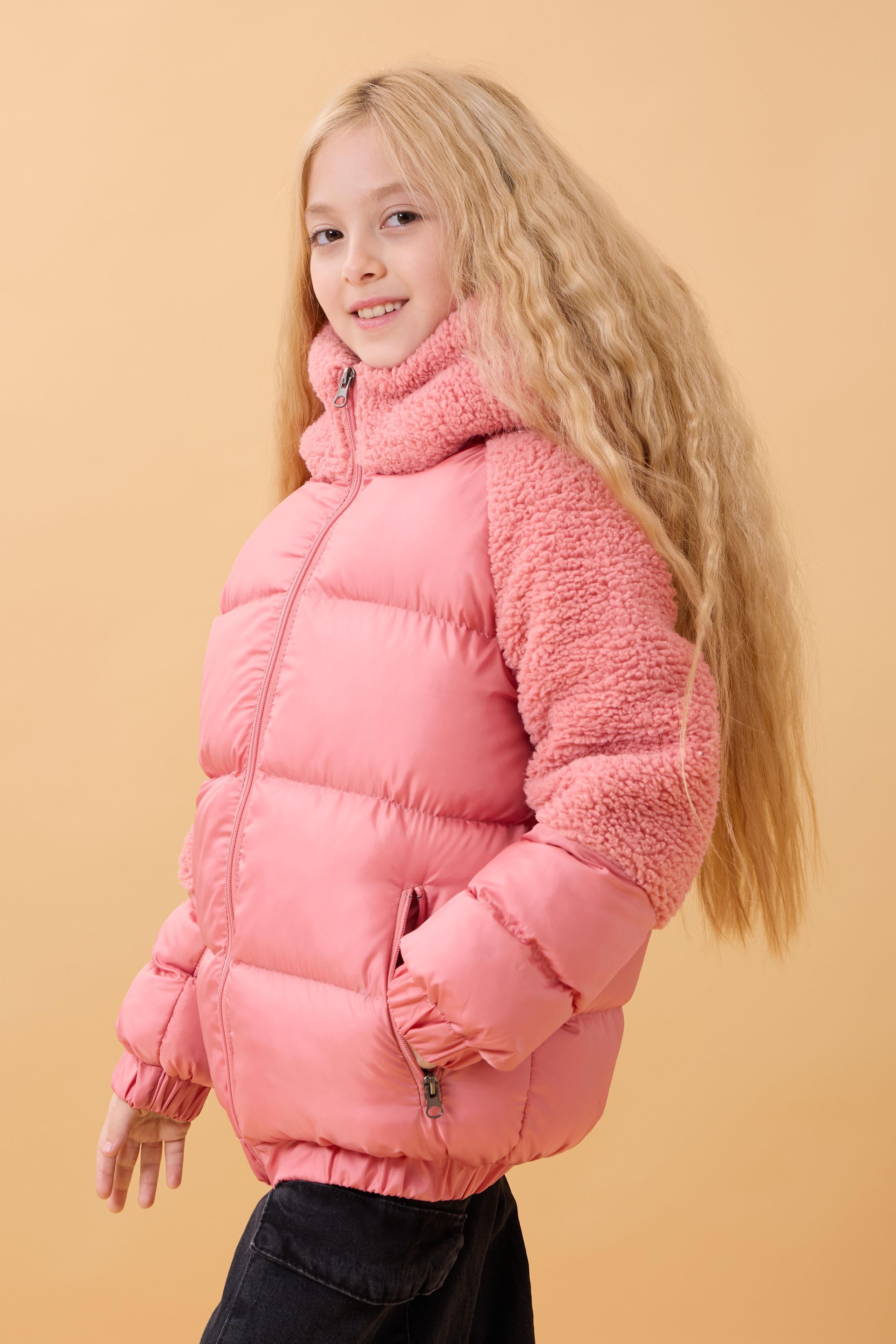 Kız Çocuk Kapüşon & Kol Peluşlu Şişme Mont – Somon