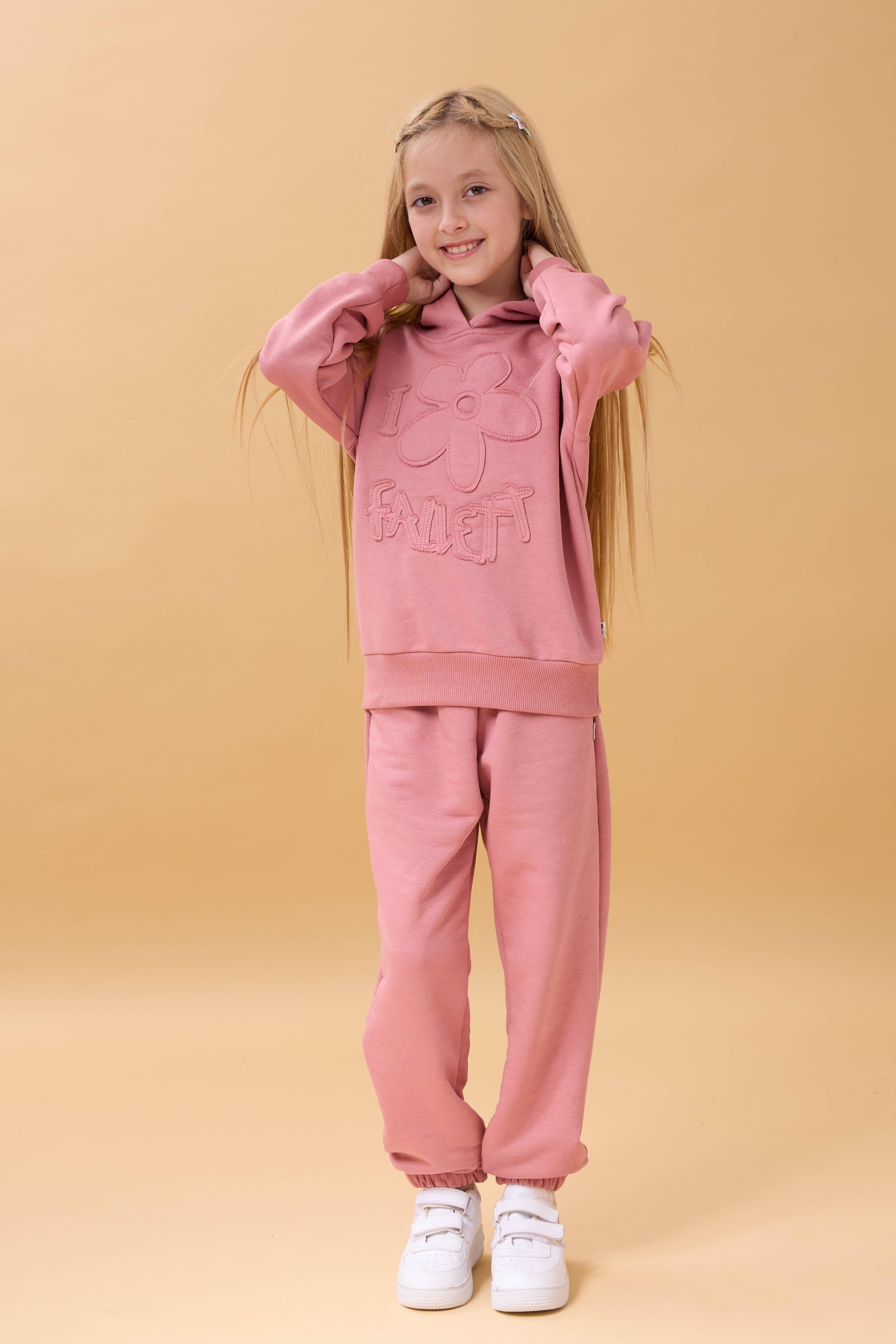 Kız Çocuk Kapüşonlu Çiçek Aplikeli Alt Üst Mevsimlik Takım